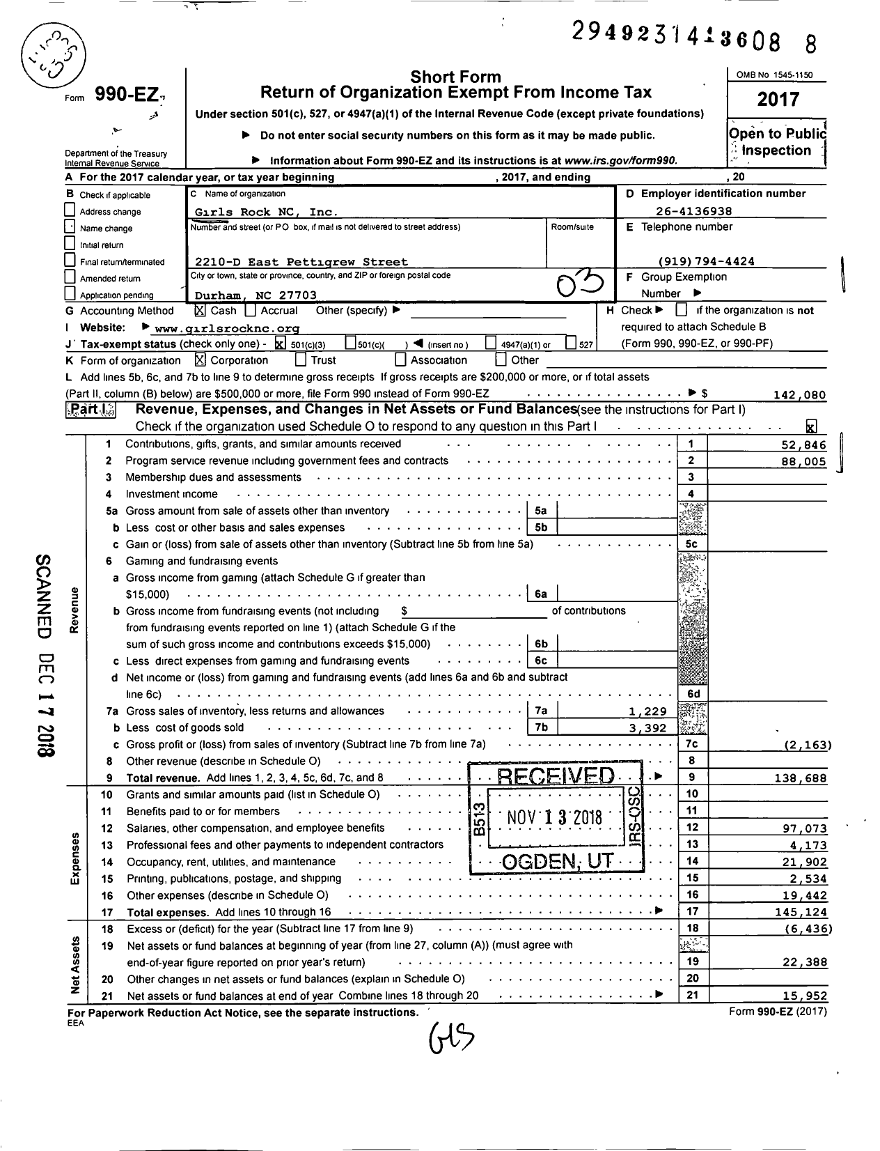 Image of first page of 2017 Form 990EZ for Girls Rock NC