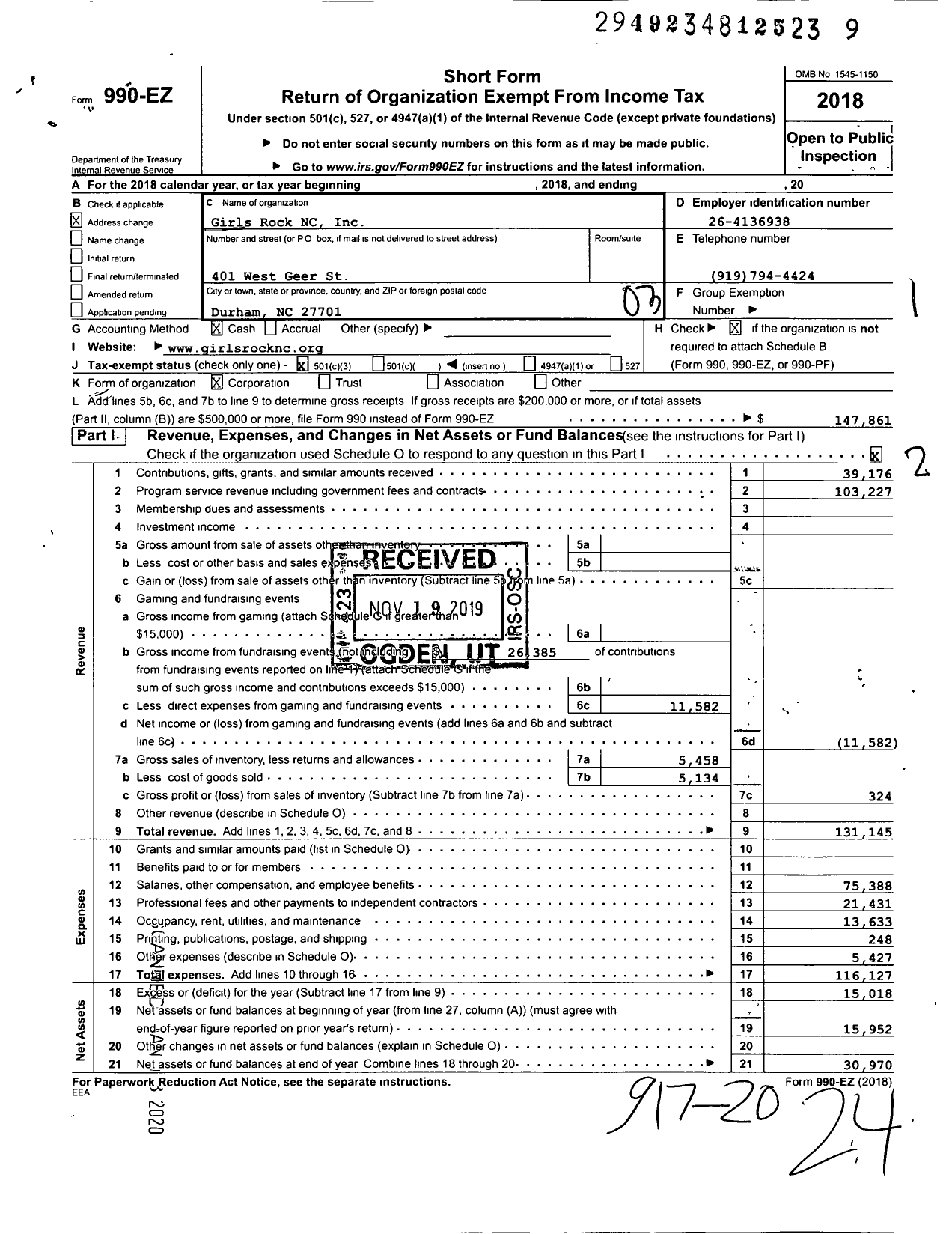 Image of first page of 2018 Form 990EZ for Girls Rock NC