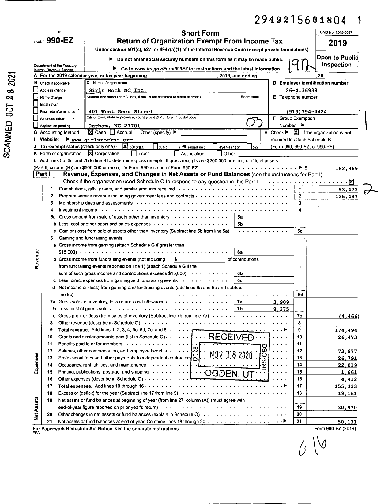 Image of first page of 2019 Form 990EZ for Girls Rock NC