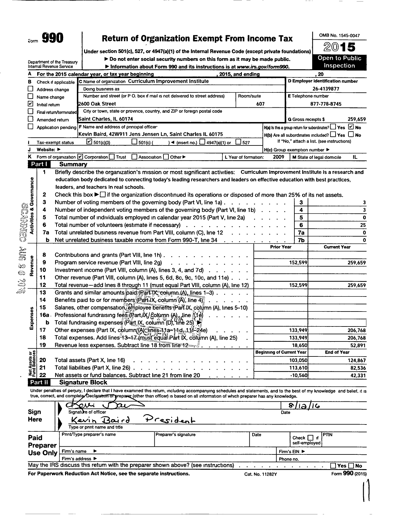 Image of first page of 2015 Form 990 for Curriculum Improvement Institute