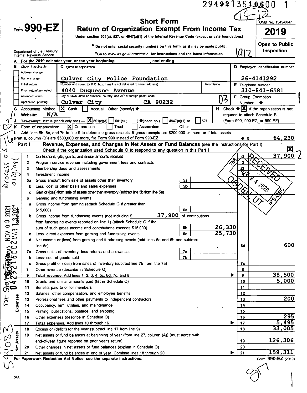 Image of first page of 2019 Form 990EZ for Culver City Police Foundation