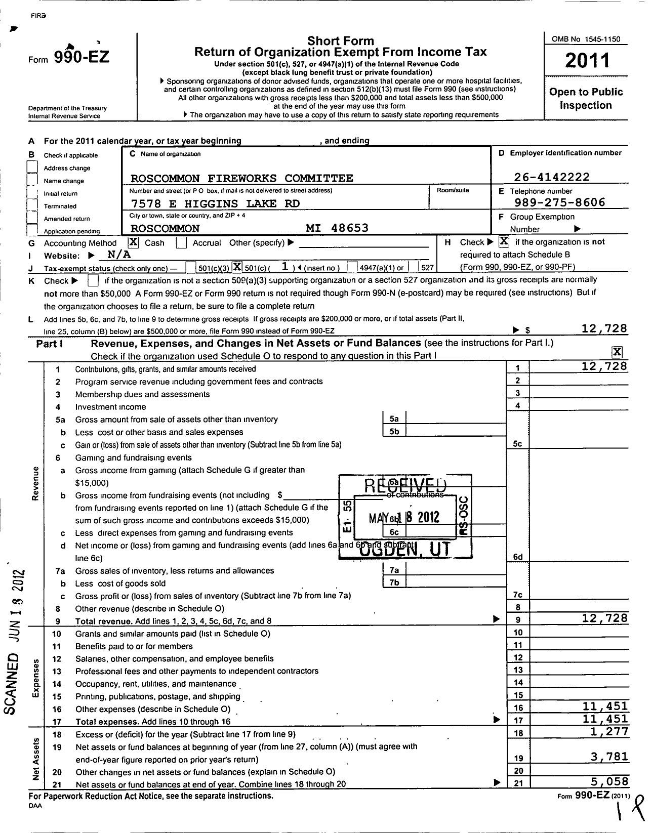 Image of first page of 2011 Form 990EO for Roscommon Fireworks Committee