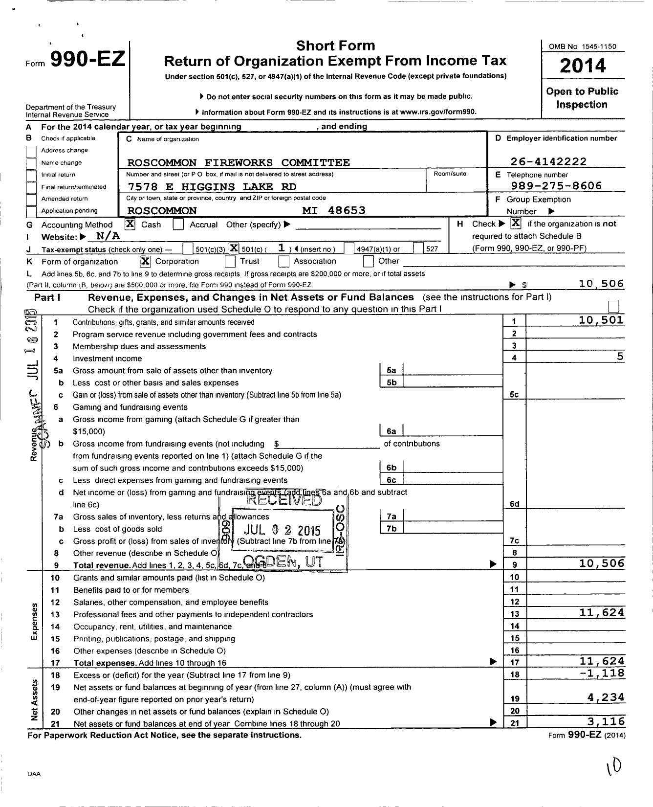 Image of first page of 2014 Form 990EO for Roscommon Fireworks Committee