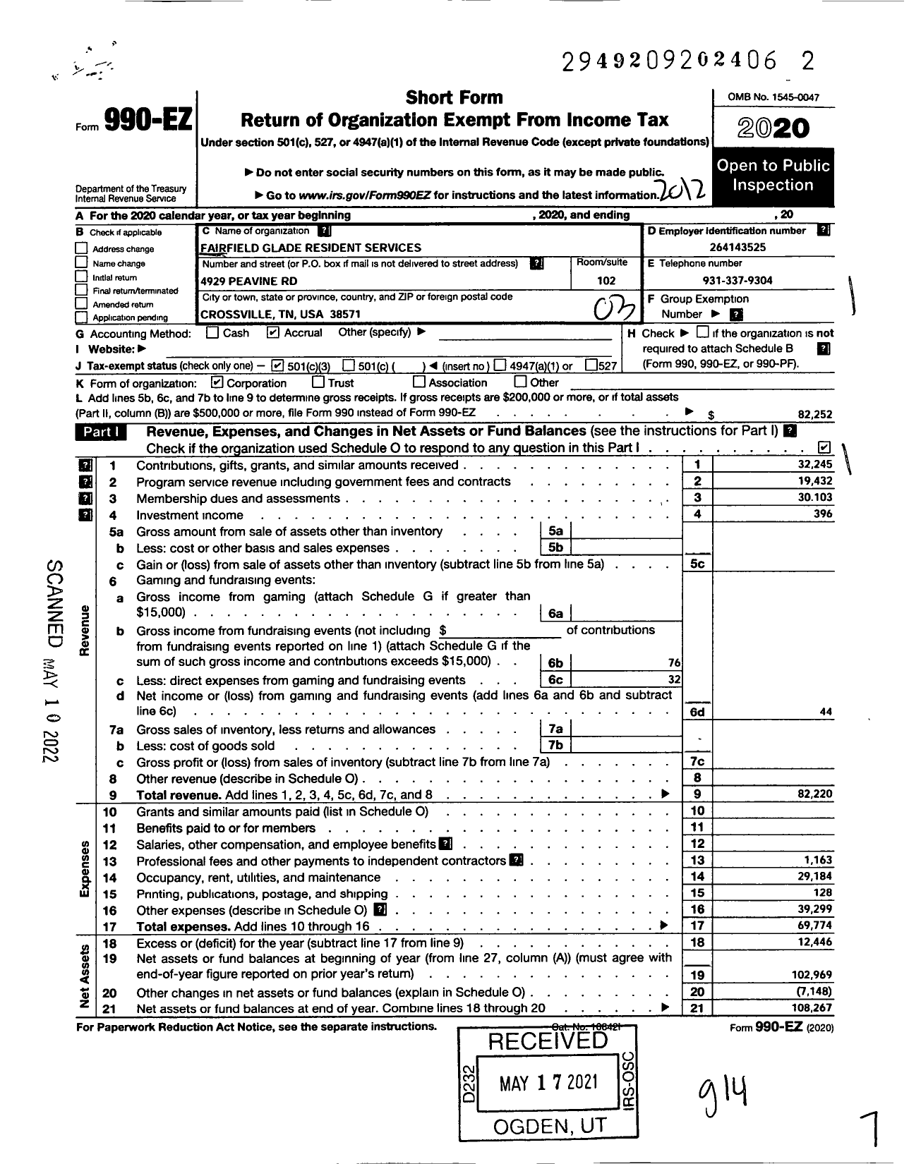 Image of first page of 2020 Form 990EZ for Fairfield Glade Resident Services