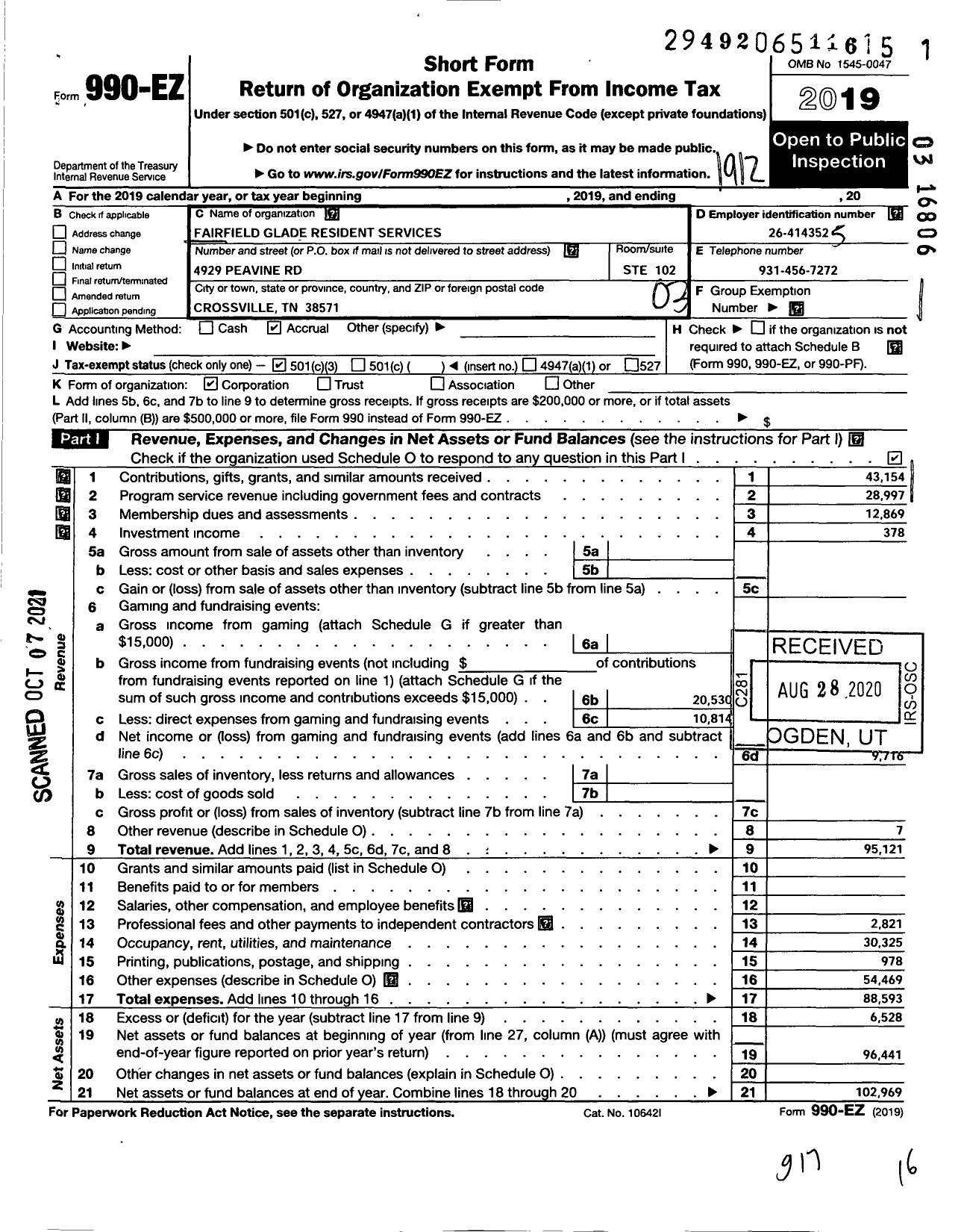 Image of first page of 2019 Form 990EZ for Fairfield Glade Resident Services