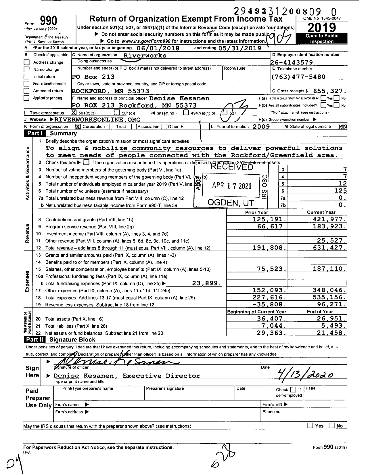 Image of first page of 2018 Form 990 for RiverWorks