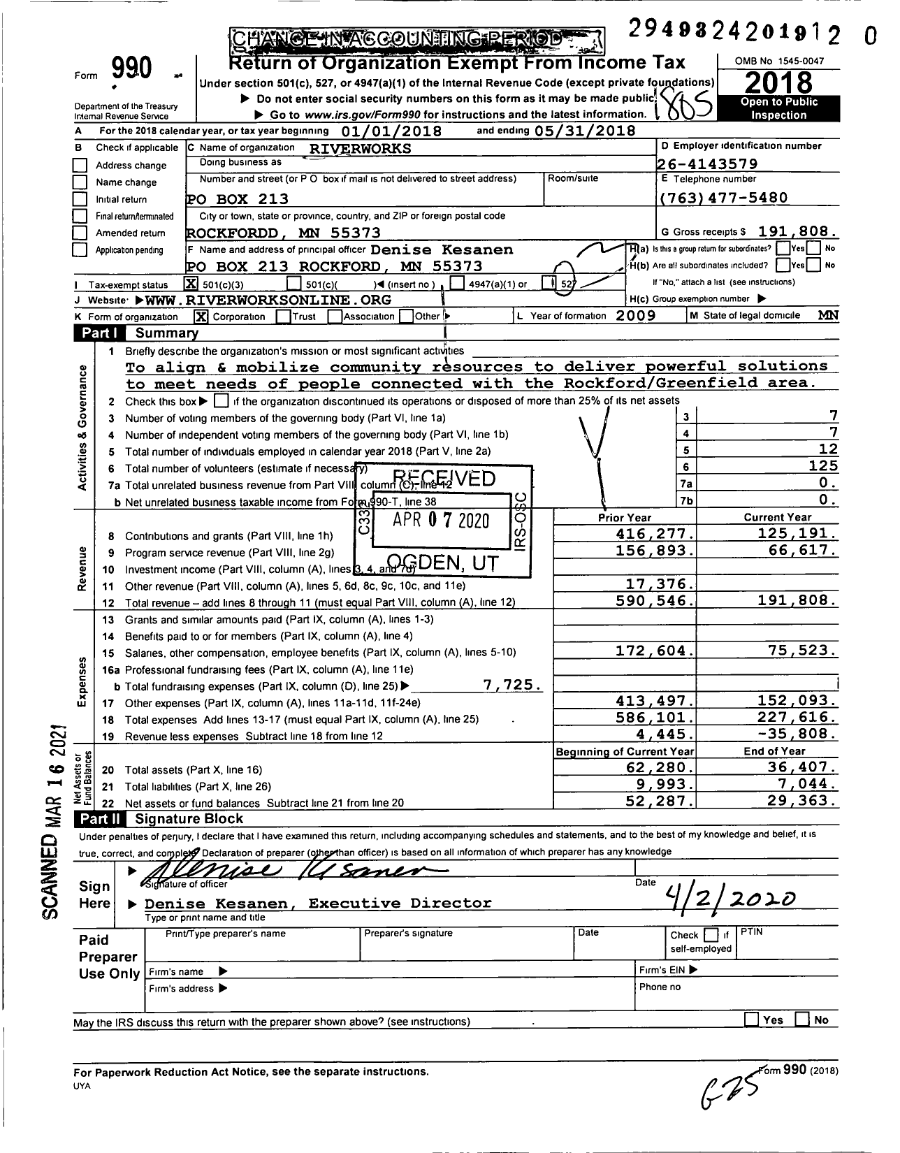 Image of first page of 2017 Form 990 for RiverWorks