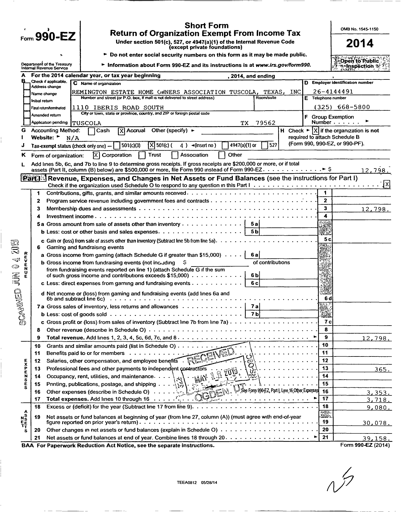 Image of first page of 2014 Form 990EO for Remington Estate Home Owners Association Tuscola Texas