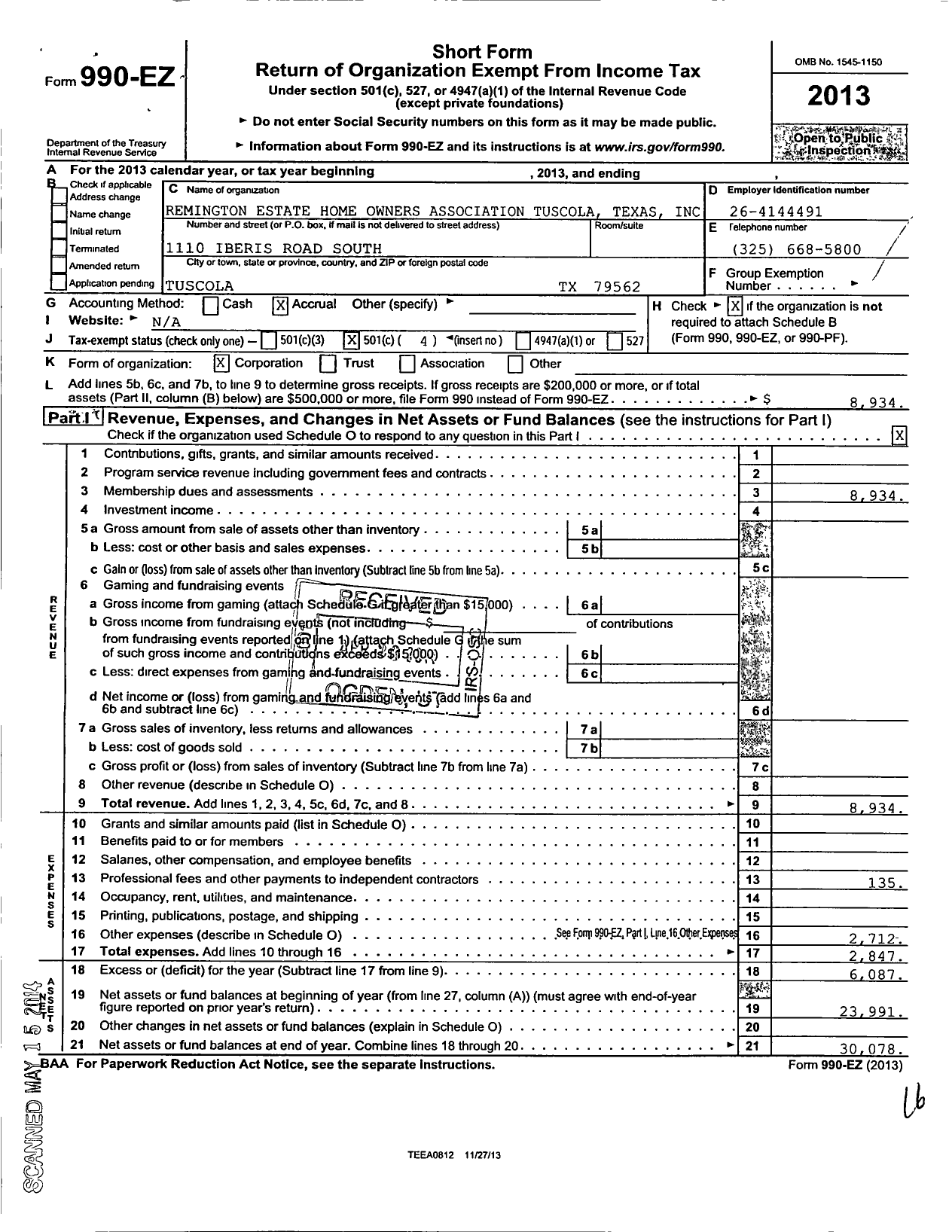 Image of first page of 2013 Form 990EO for Remington Estate Home Owners Association Tuscola Texas