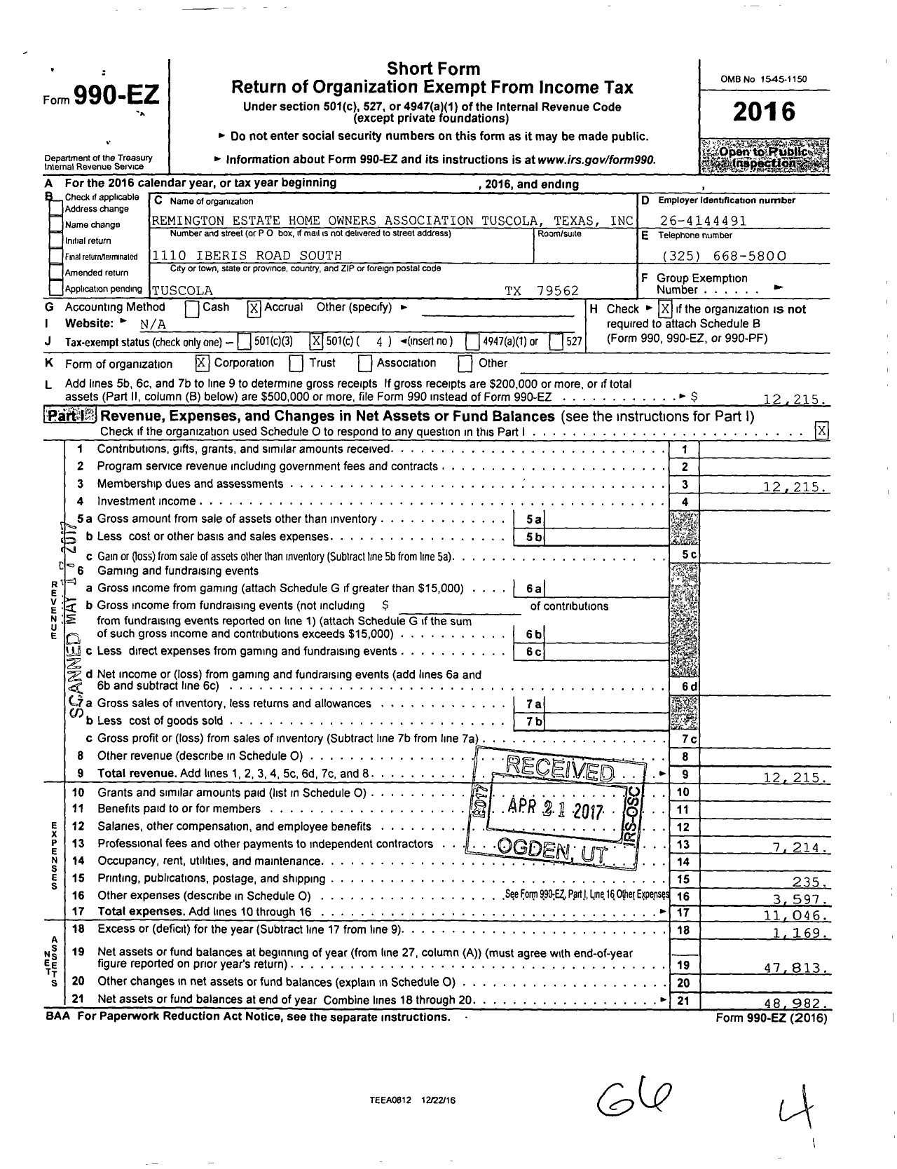 Image of first page of 2016 Form 990EO for Remington Estate Home Owners Association Tuscola Texas