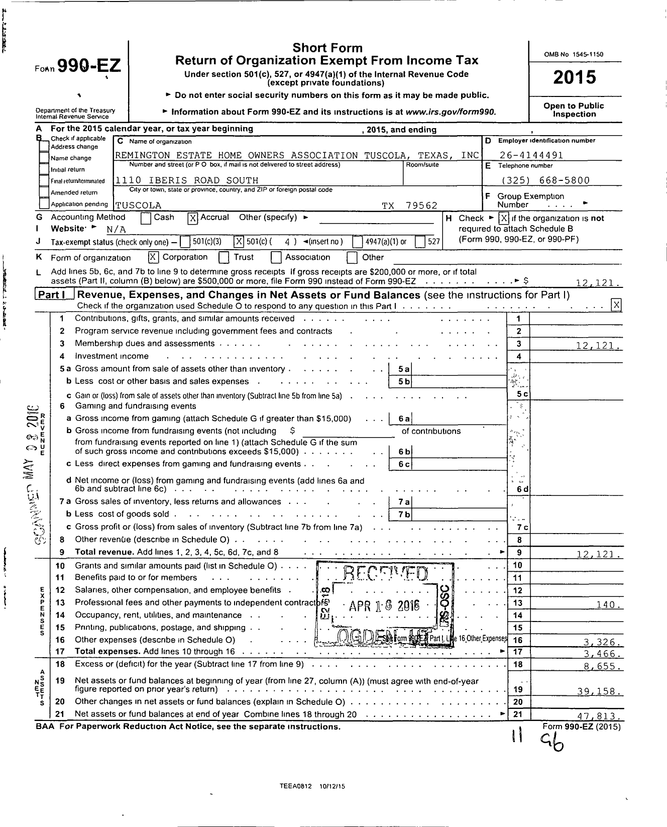 Image of first page of 2015 Form 990EO for Remington Estate Home Owners Association Tuscola Texas