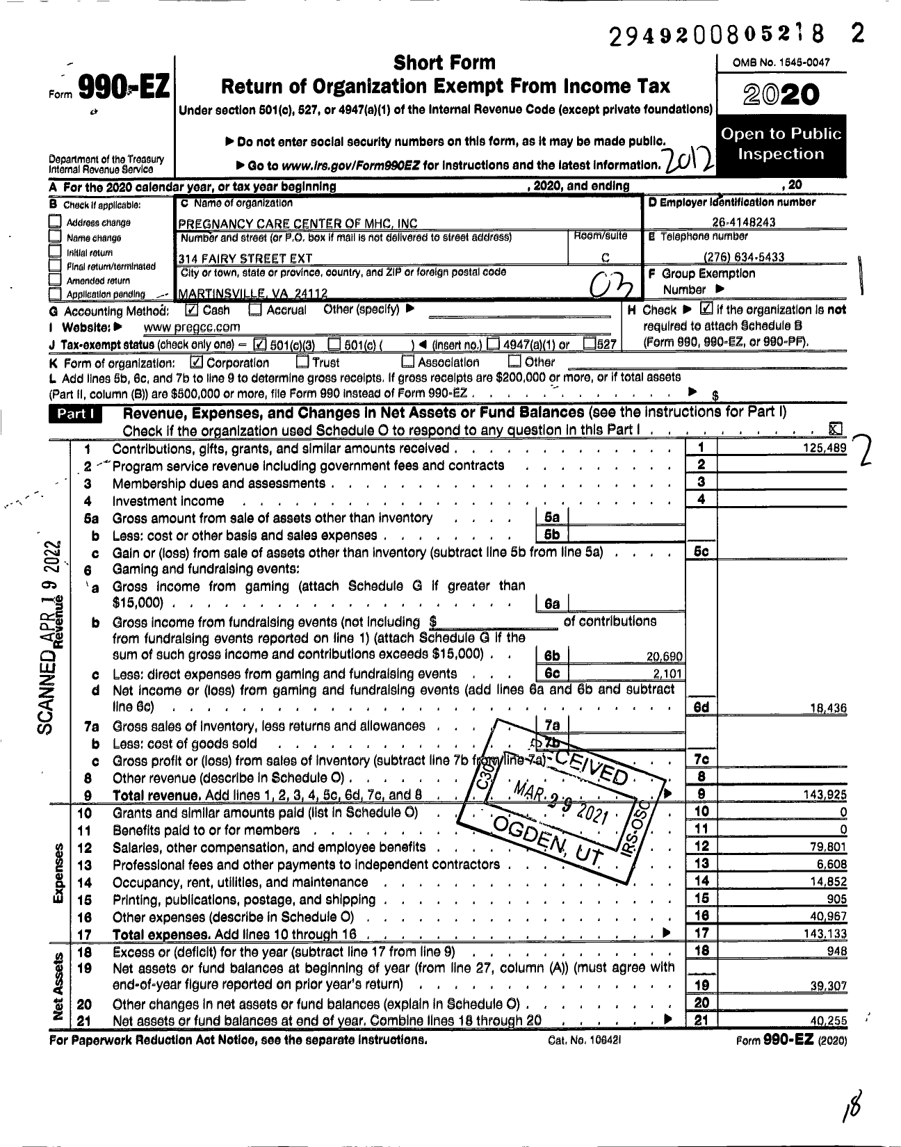 Image of first page of 2020 Form 990EZ for Pregnancy Care Center of MHC