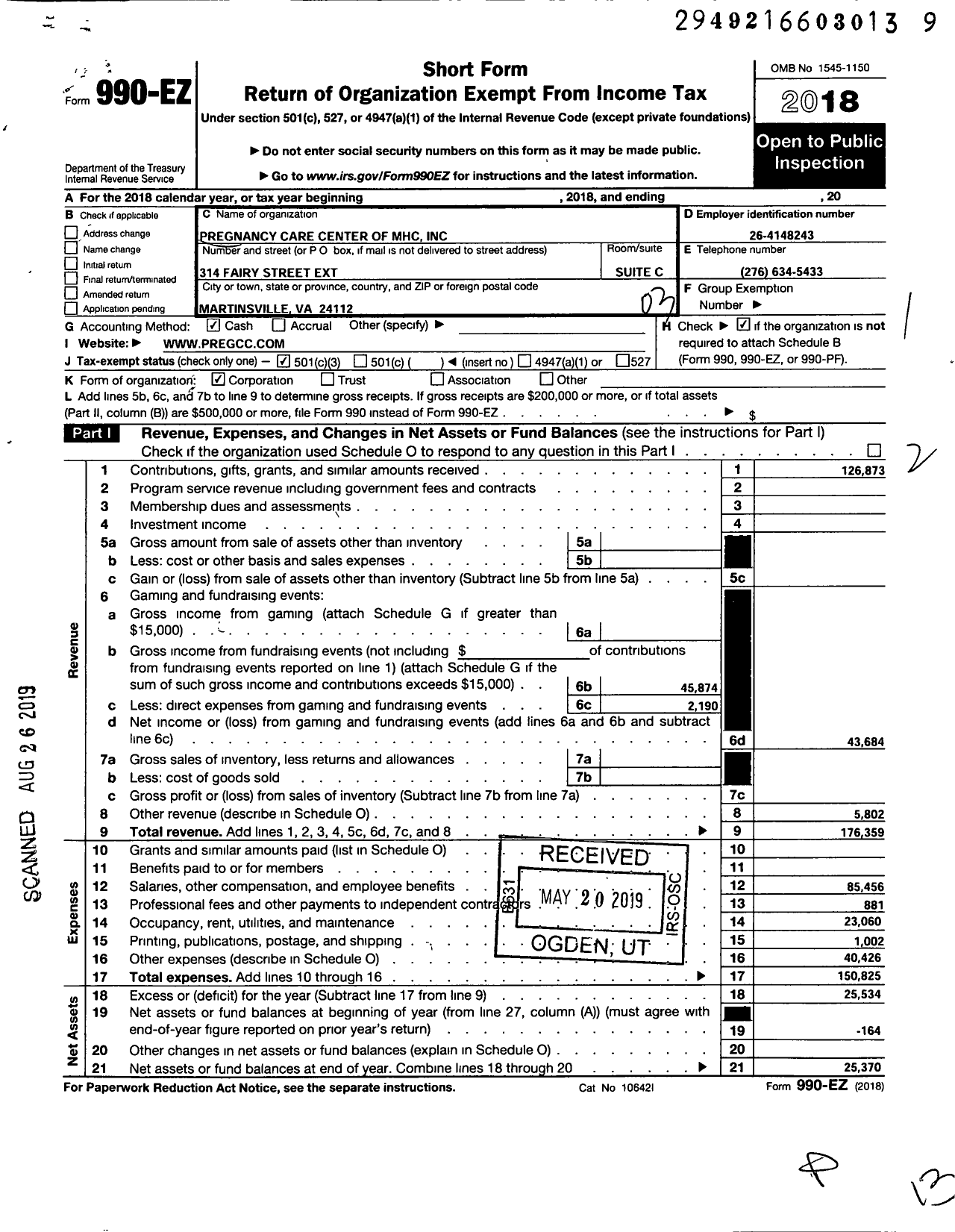 Image of first page of 2018 Form 990EZ for Pregnancy Care Center of MHC