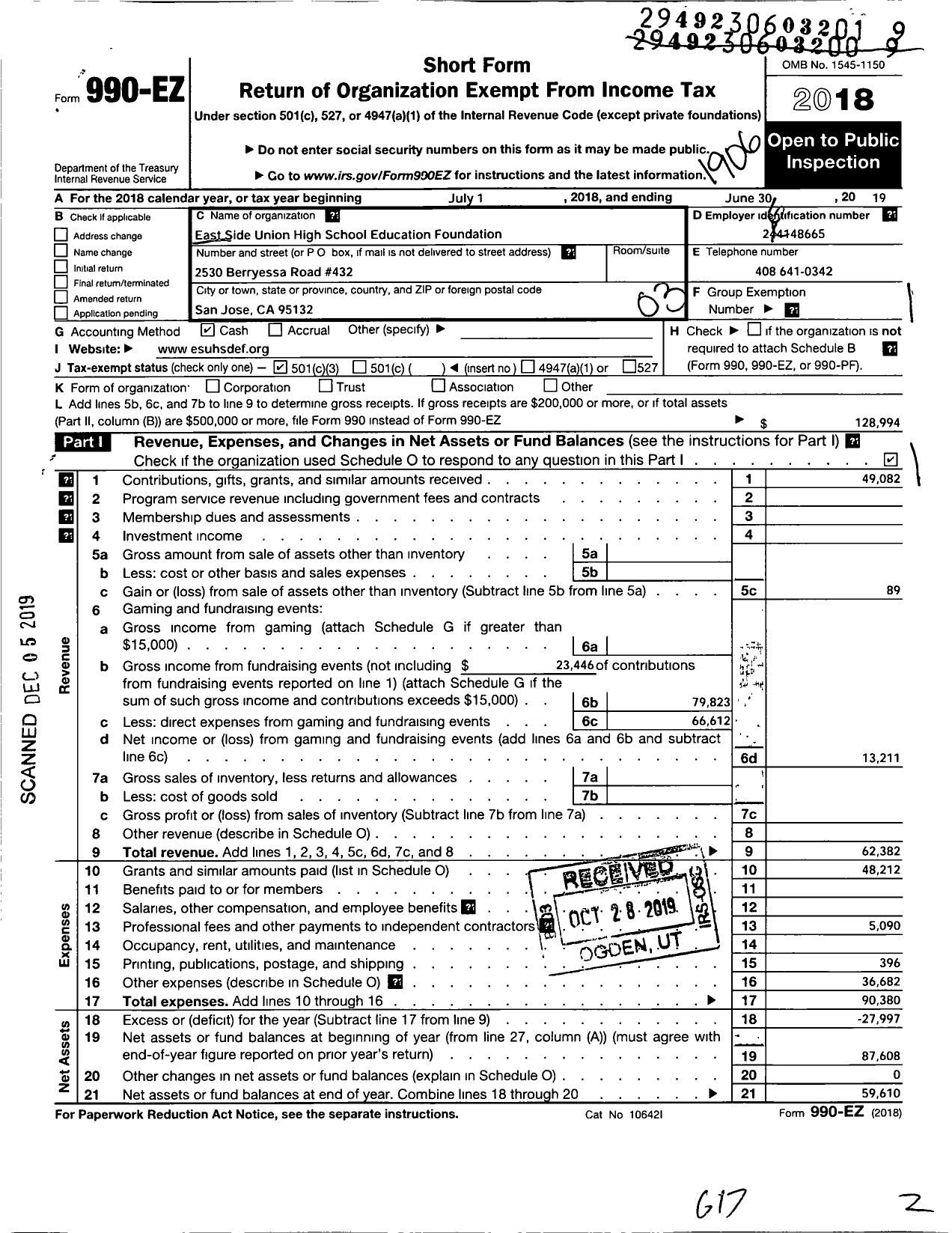 Image of first page of 2018 Form 990EZ for East Side Union High School District Education Foundation