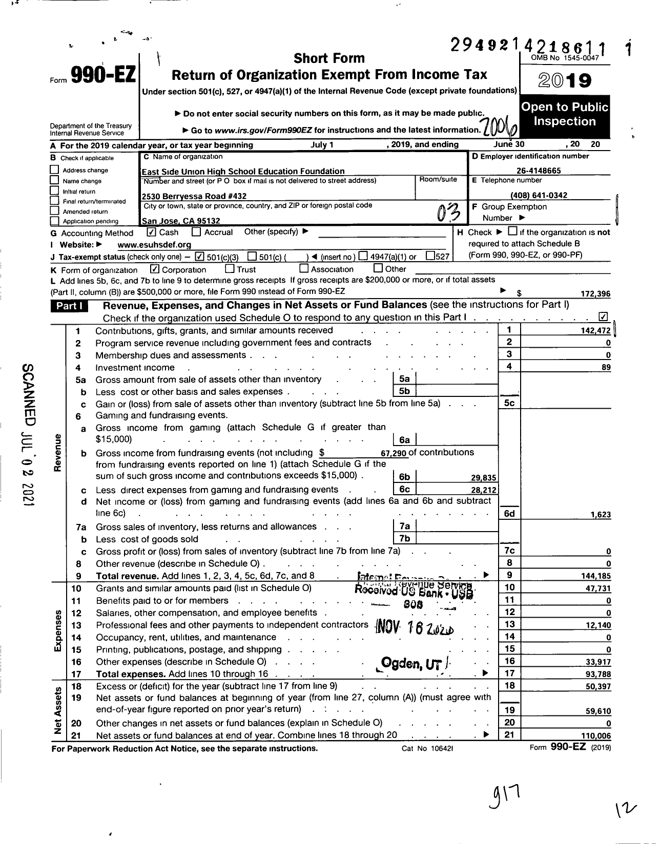 Image of first page of 2019 Form 990EZ for East Side Union High School District Education Foundation