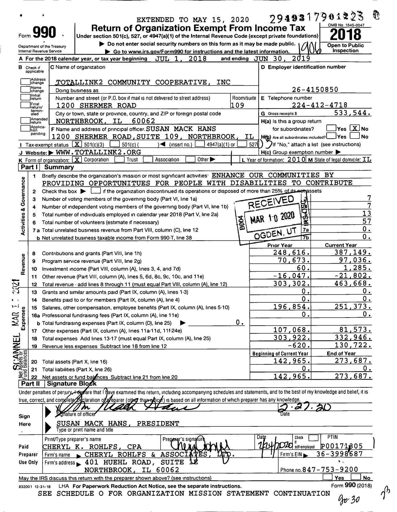 Image of first page of 2018 Form 990 for Totallink2 Community Cooperative