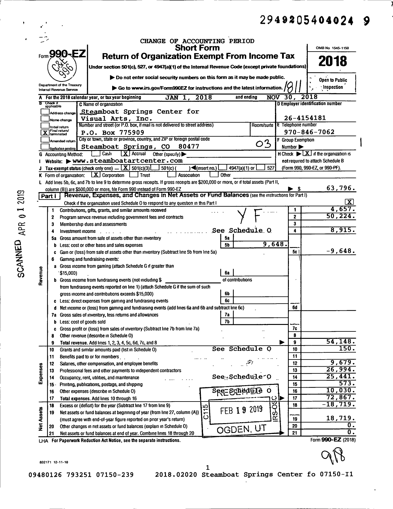 Image of first page of 2017 Form 990EZ for Steamboat Springs Center for Visual Arts