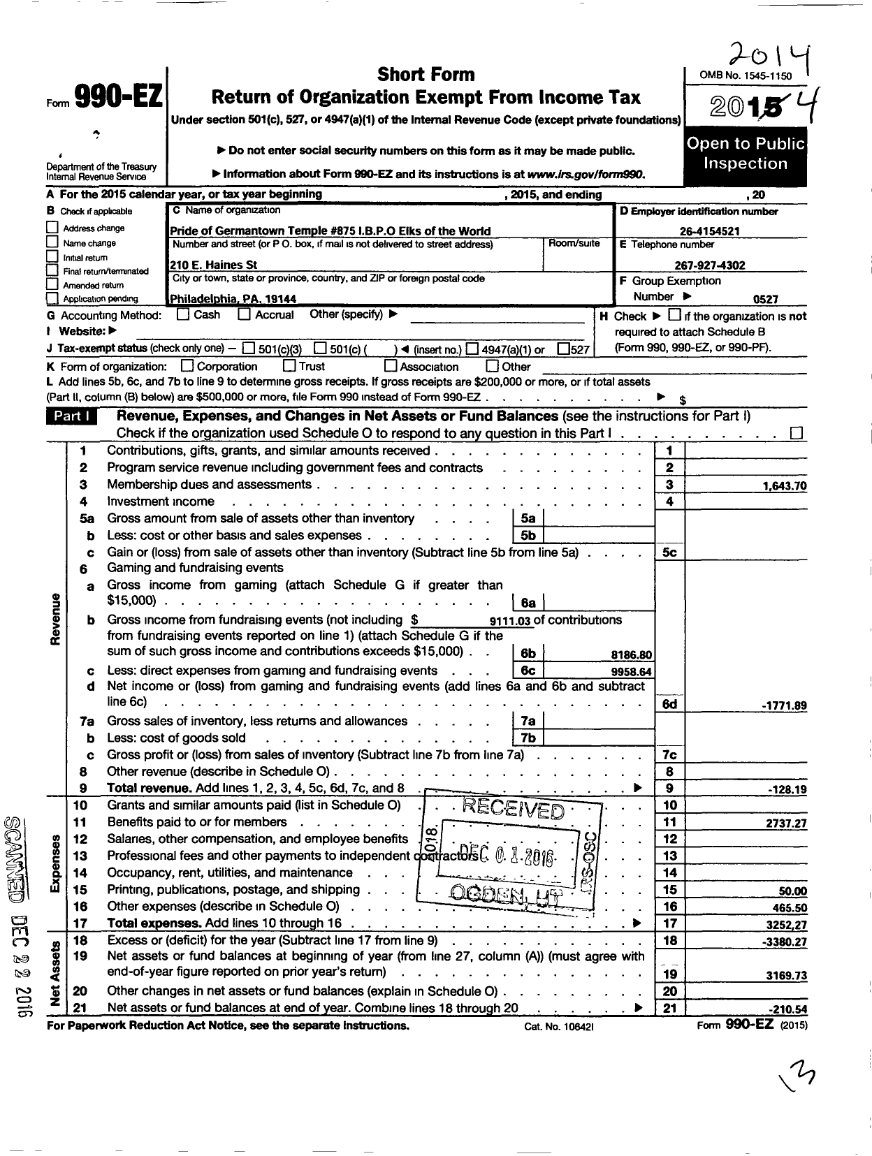 Image of first page of 2014 Form 990EO for Improved Benevolent and Protective Order of Elks of the World - 875 Pride of Germantown Temple