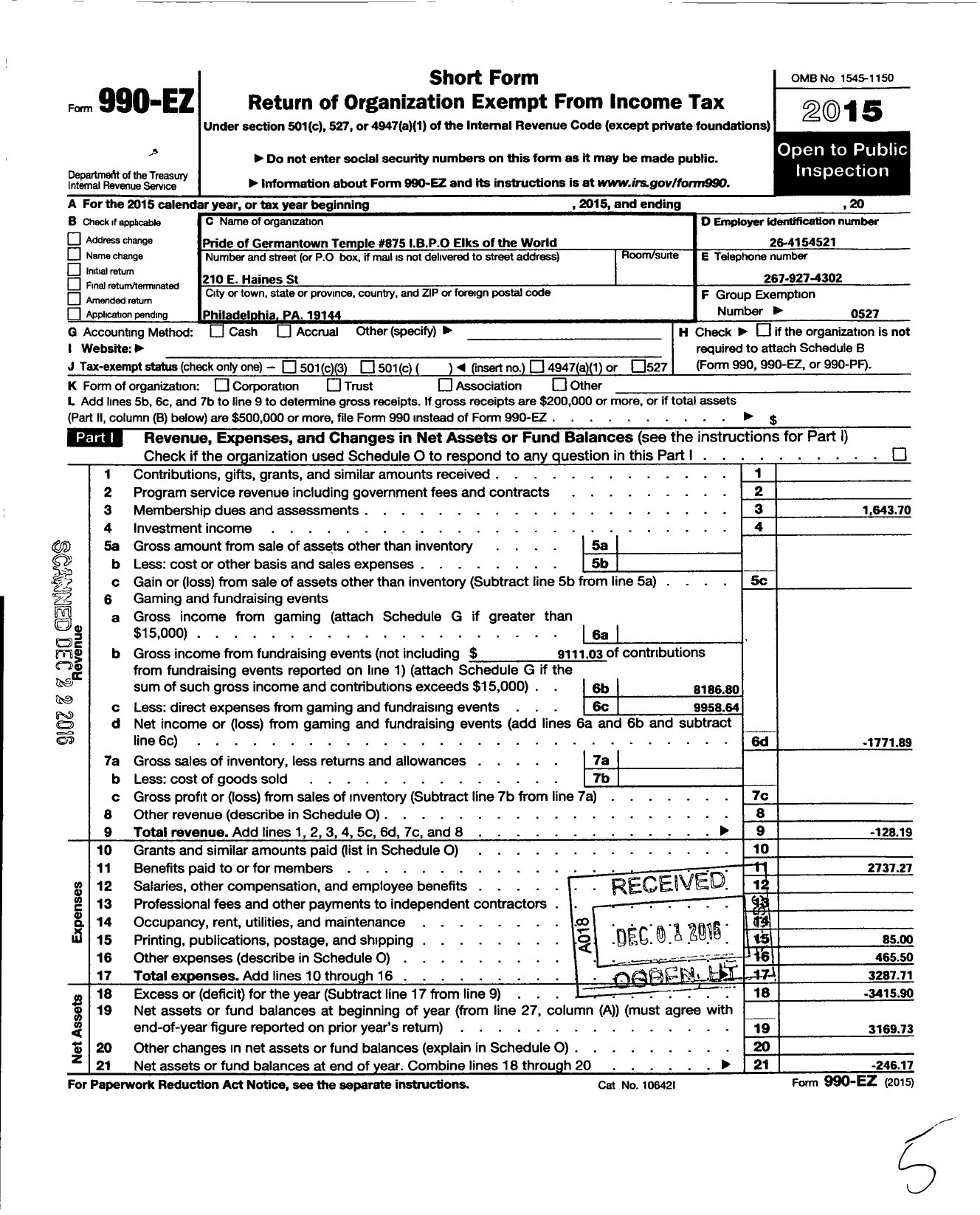 Image of first page of 2015 Form 990EO for Improved Benevolent and Protective Order of Elks of the World - 875 Pride of Germantown Temple