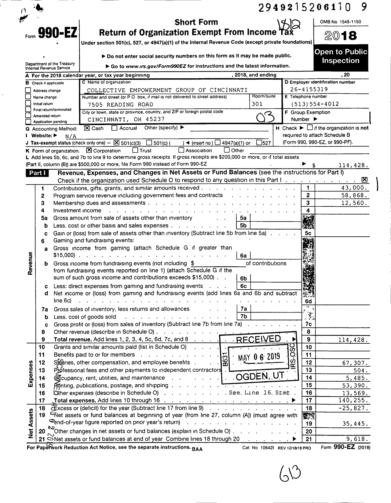 Image of first page of 2018 Form 990EZ for Collective Empowerment Group of Cincinnati