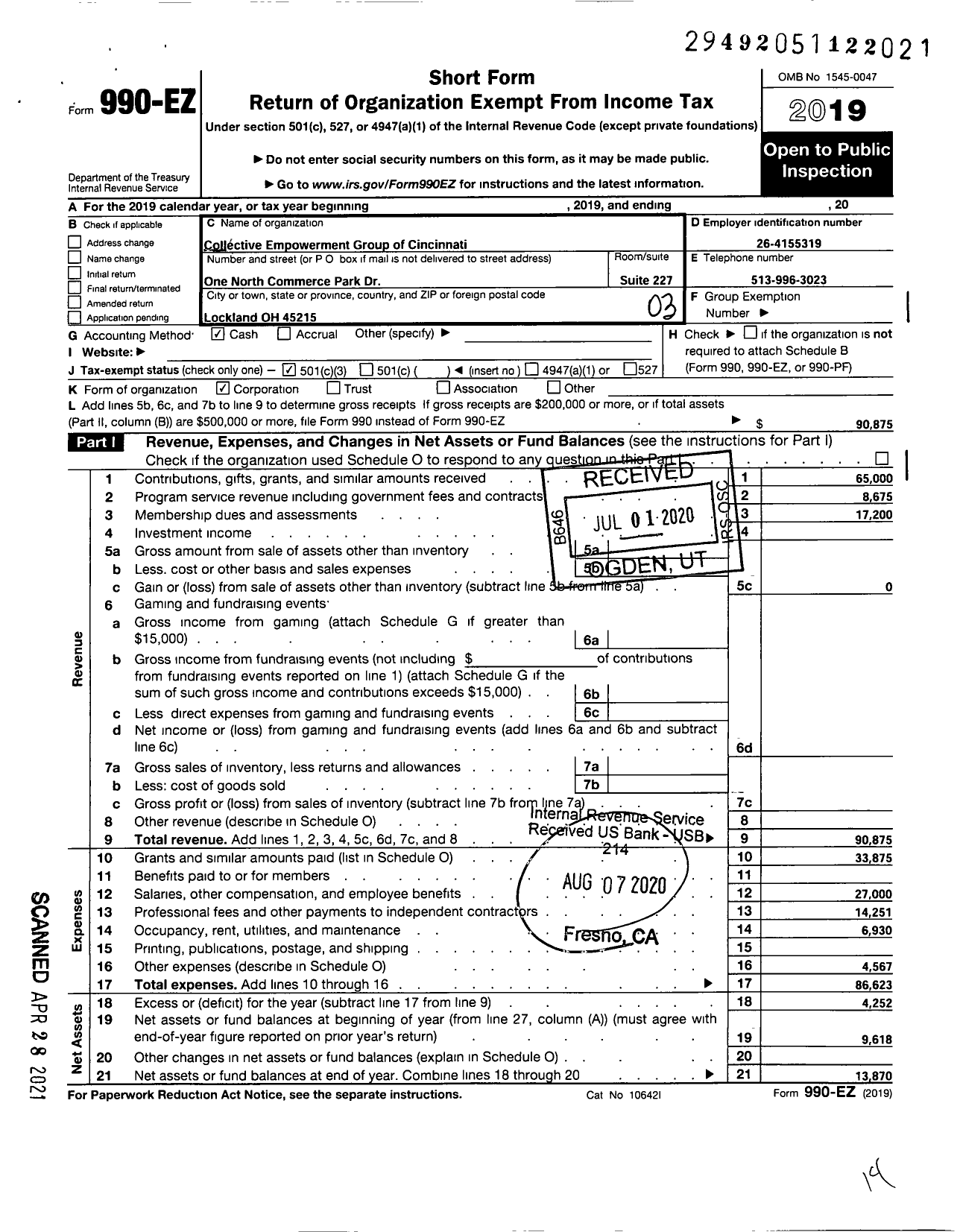 Image of first page of 2019 Form 990EZ for Collective Empowerment Group of Cincinnati