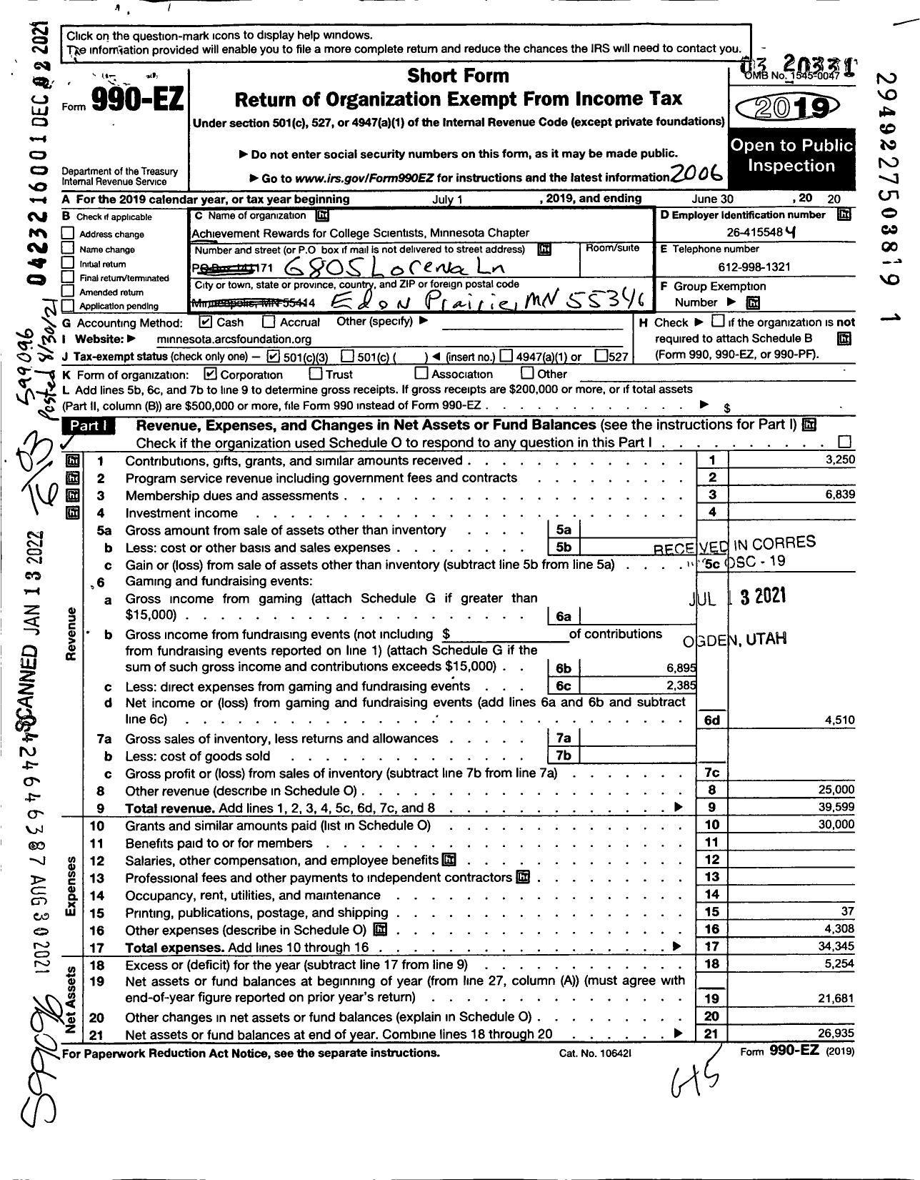 Image of first page of 2019 Form 990EZ for Achievement Rewards for College Scientists entists Inc Min