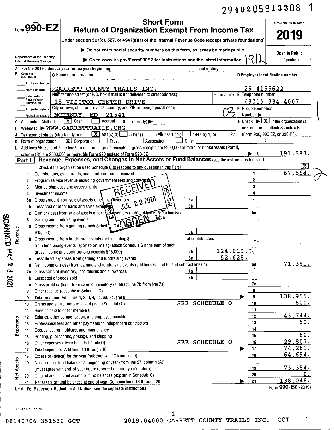 Image of first page of 2019 Form 990EZ for Garrett County Trails