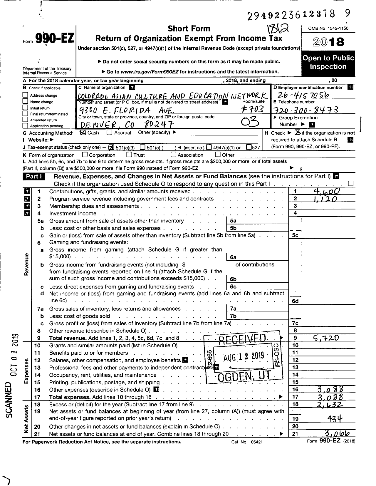 Image of first page of 2018 Form 990EZ for Colorado Asian Culture and Education Network