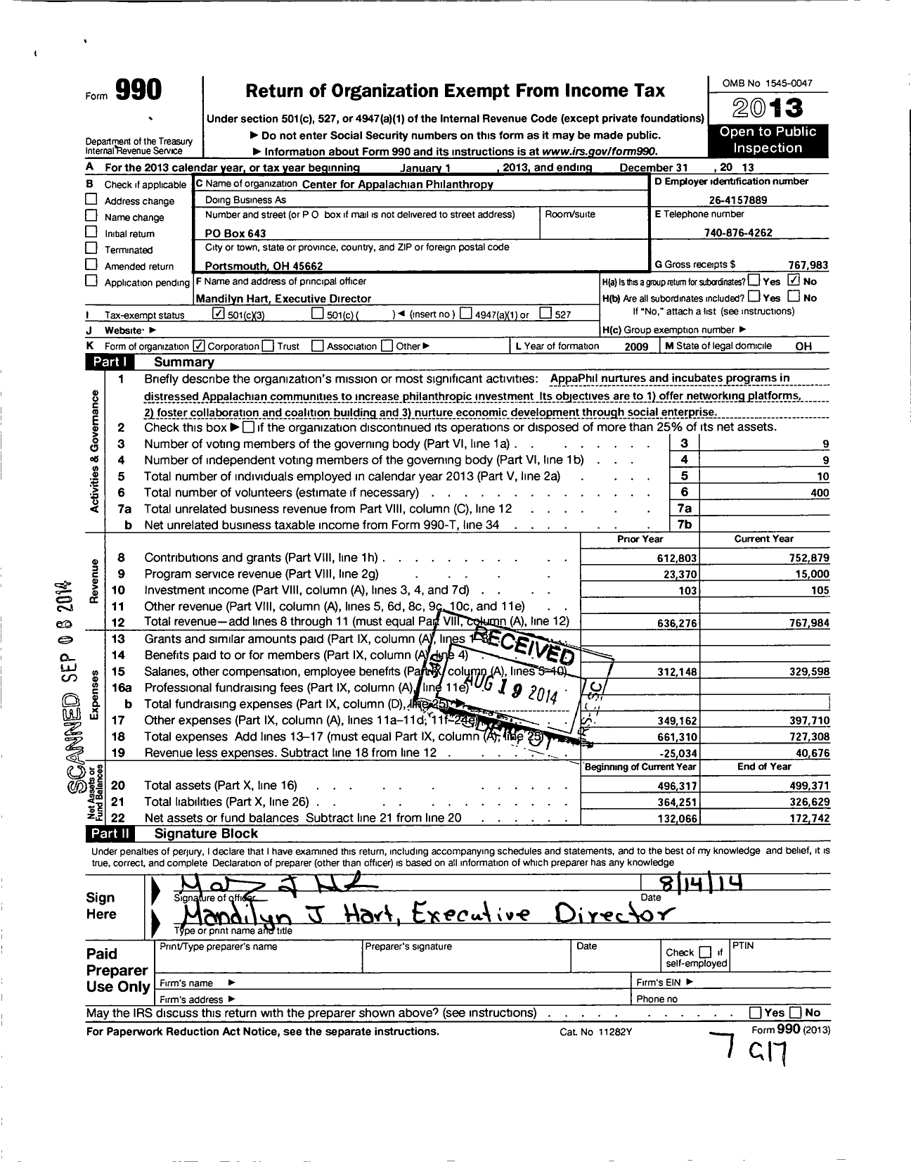 Image of first page of 2013 Form 990 for Center for Appalachian Philanthropy