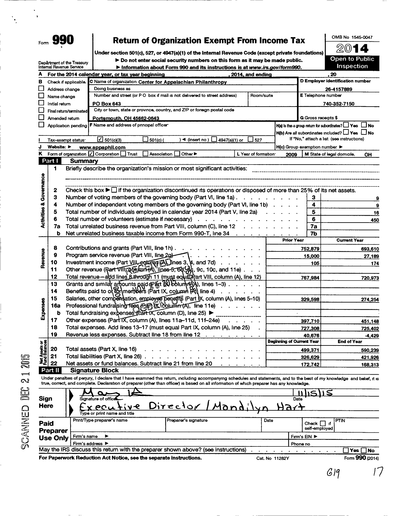 Image of first page of 2014 Form 990 for Center for Appalachian Philanthropy