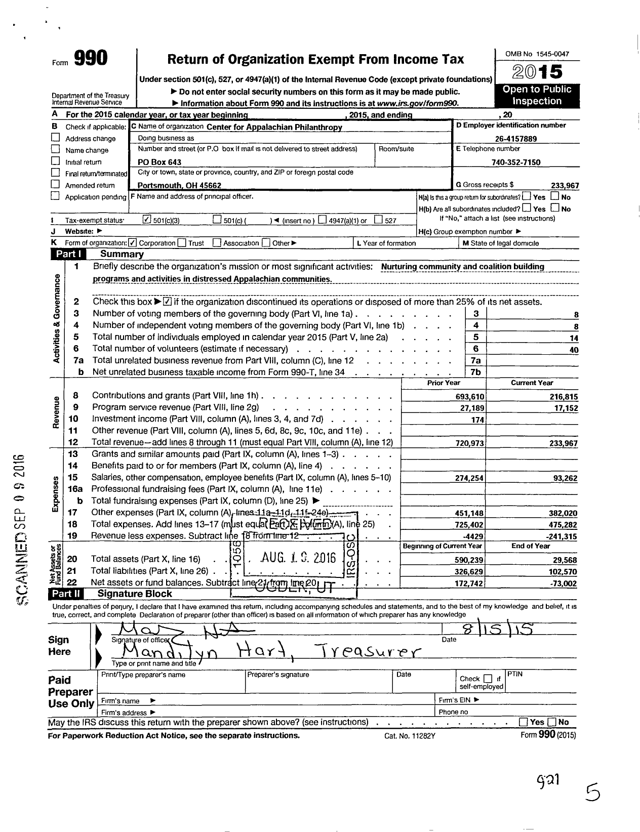 Image of first page of 2015 Form 990 for Center for Appalachian Philanthropy