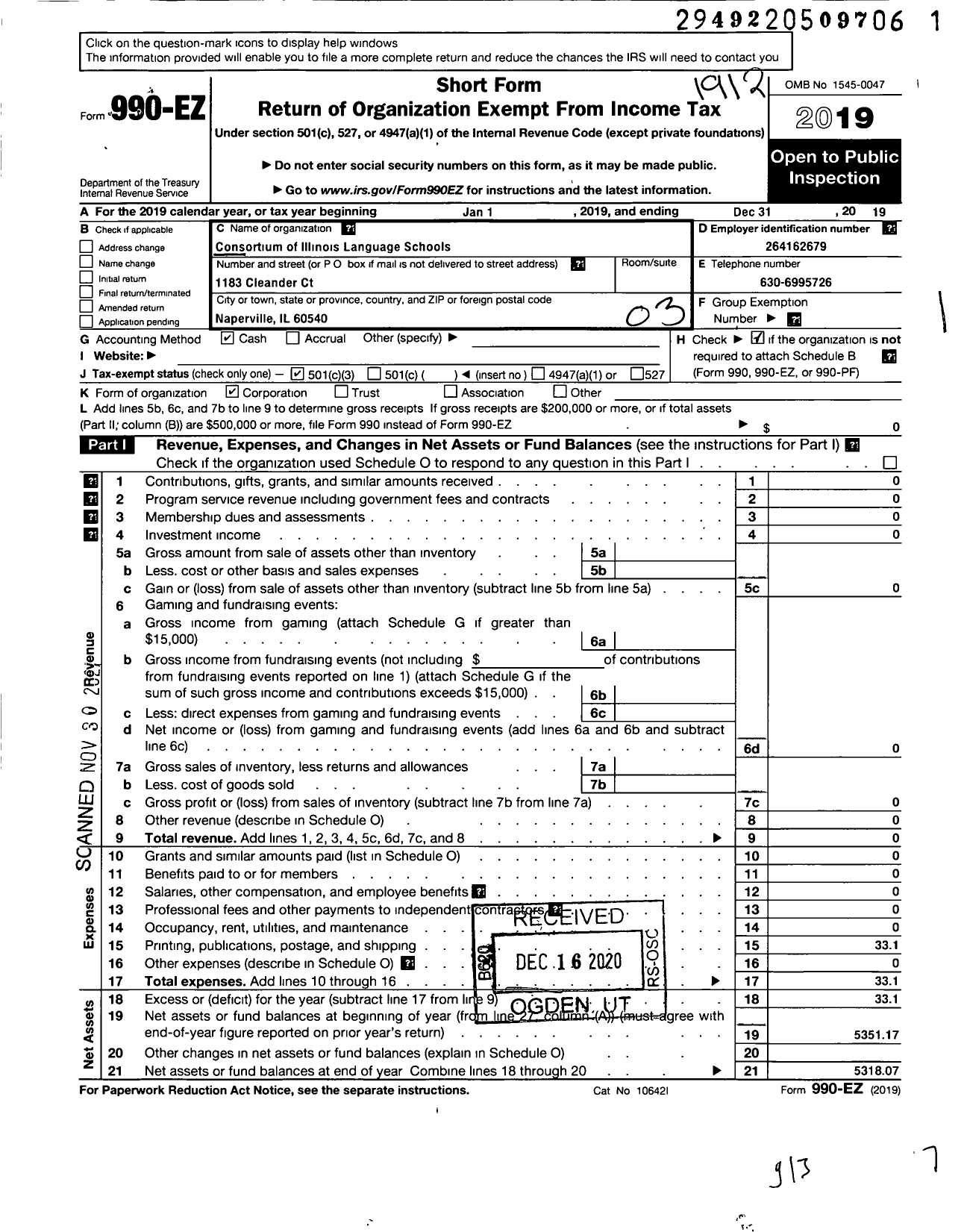 Image of first page of 2019 Form 990EZ for Consortium of Illinois Language Schools