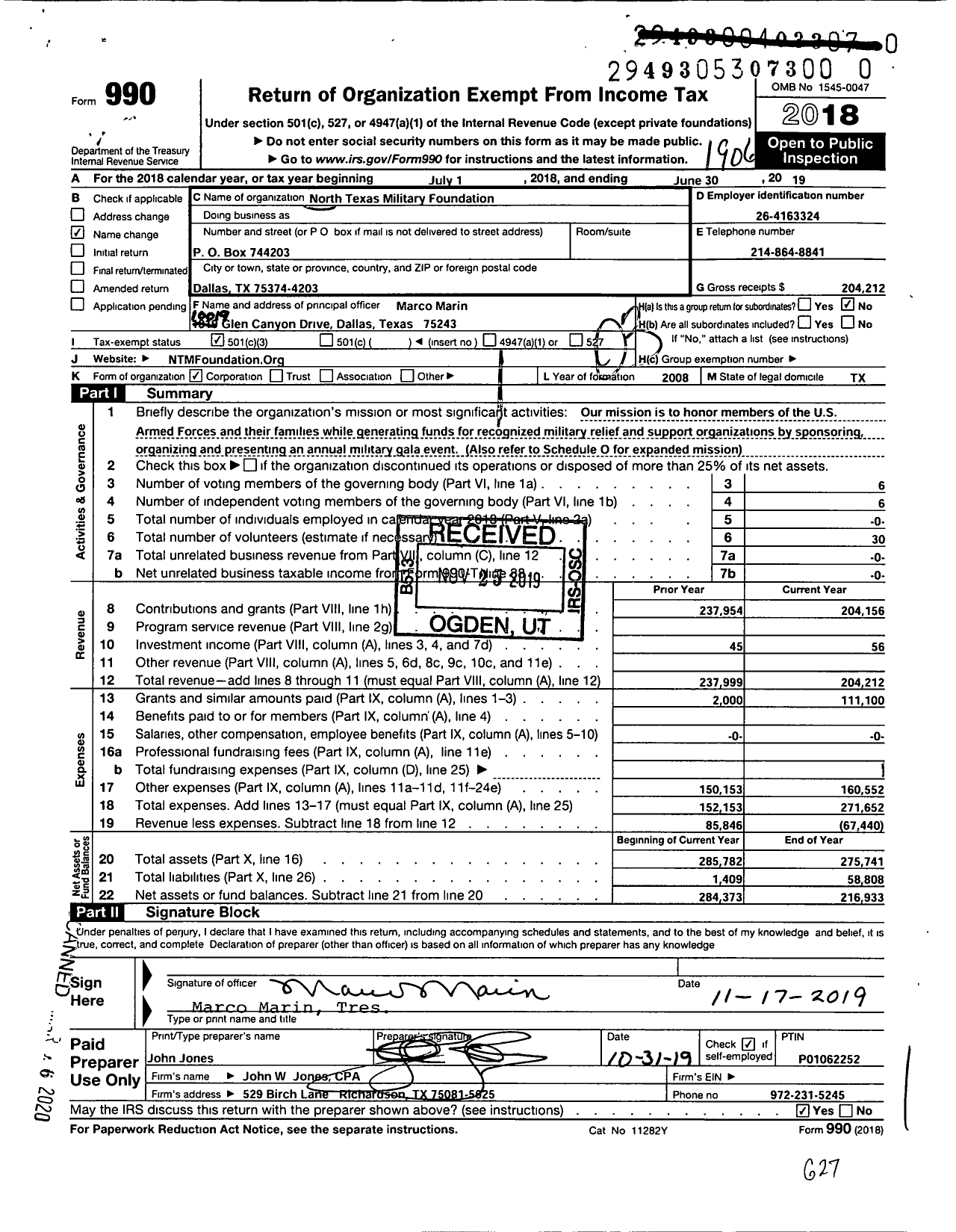 Image of first page of 2018 Form 990 for North Texas Militakry Foundation