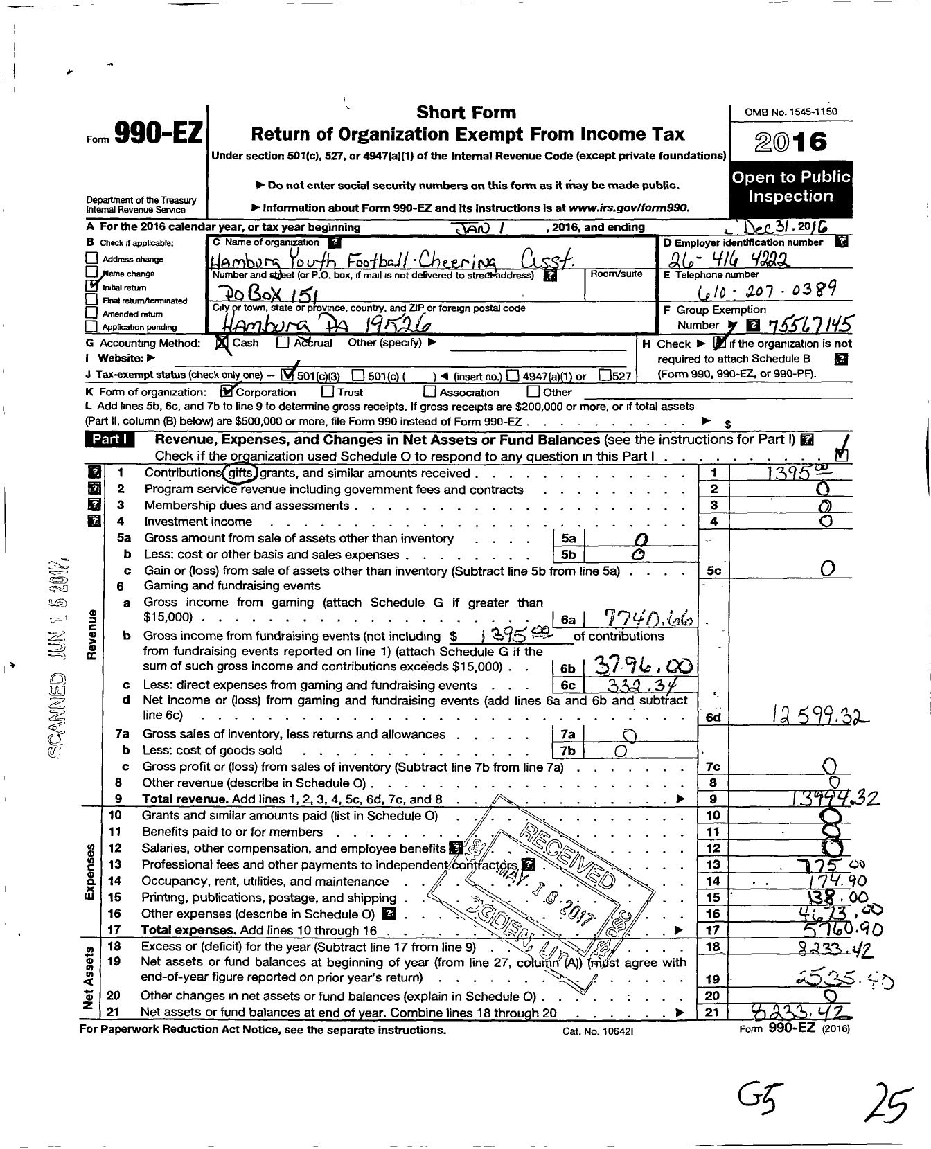 Image of first page of 2016 Form 990EZ for Hamburg Youth Football-Cheerleading Association