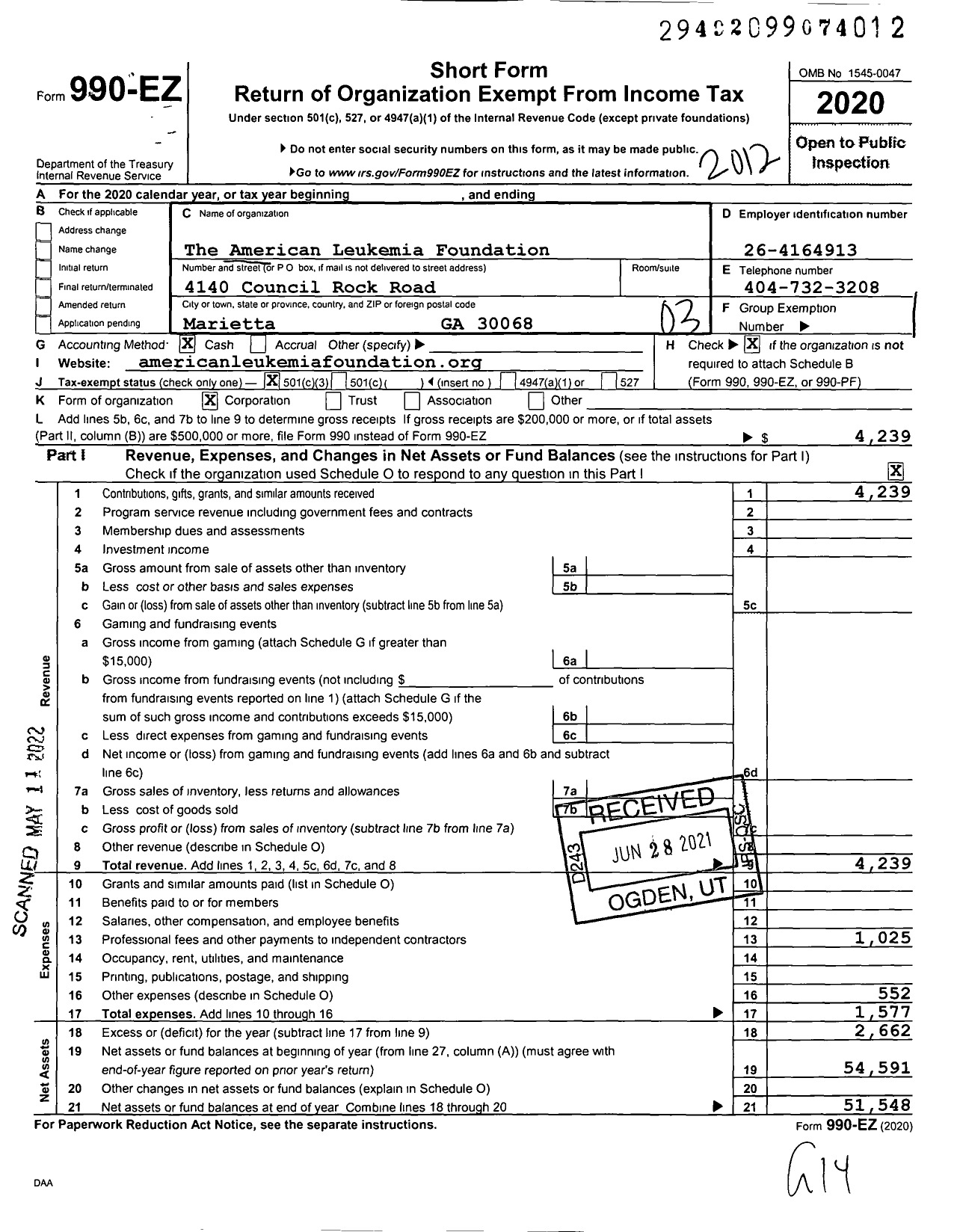 Image of first page of 2020 Form 990EZ for The American Leukemia Foundation