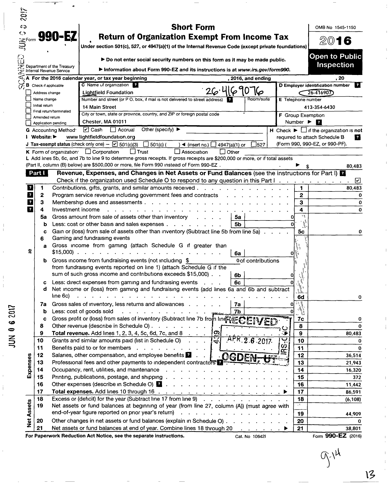 Image of first page of 2016 Form 990EZ for Lightfield Foundation