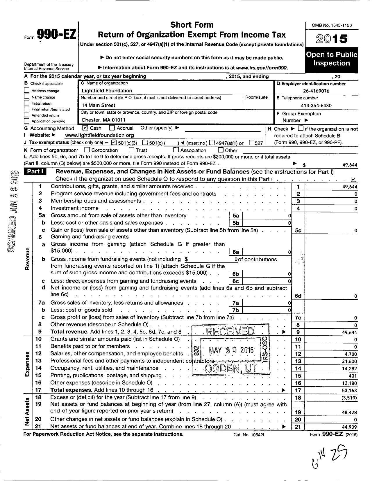 Image of first page of 2015 Form 990EZ for Lightfield Foundation