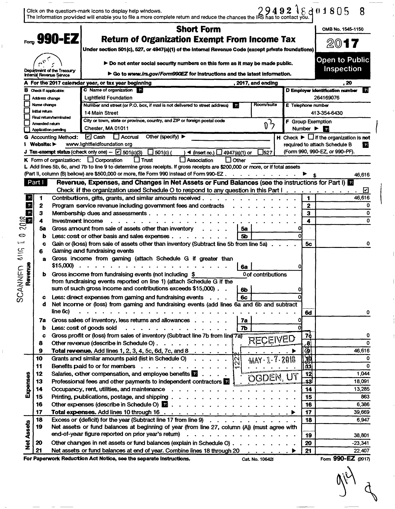 Image of first page of 2017 Form 990EZ for Lightfield Foundation