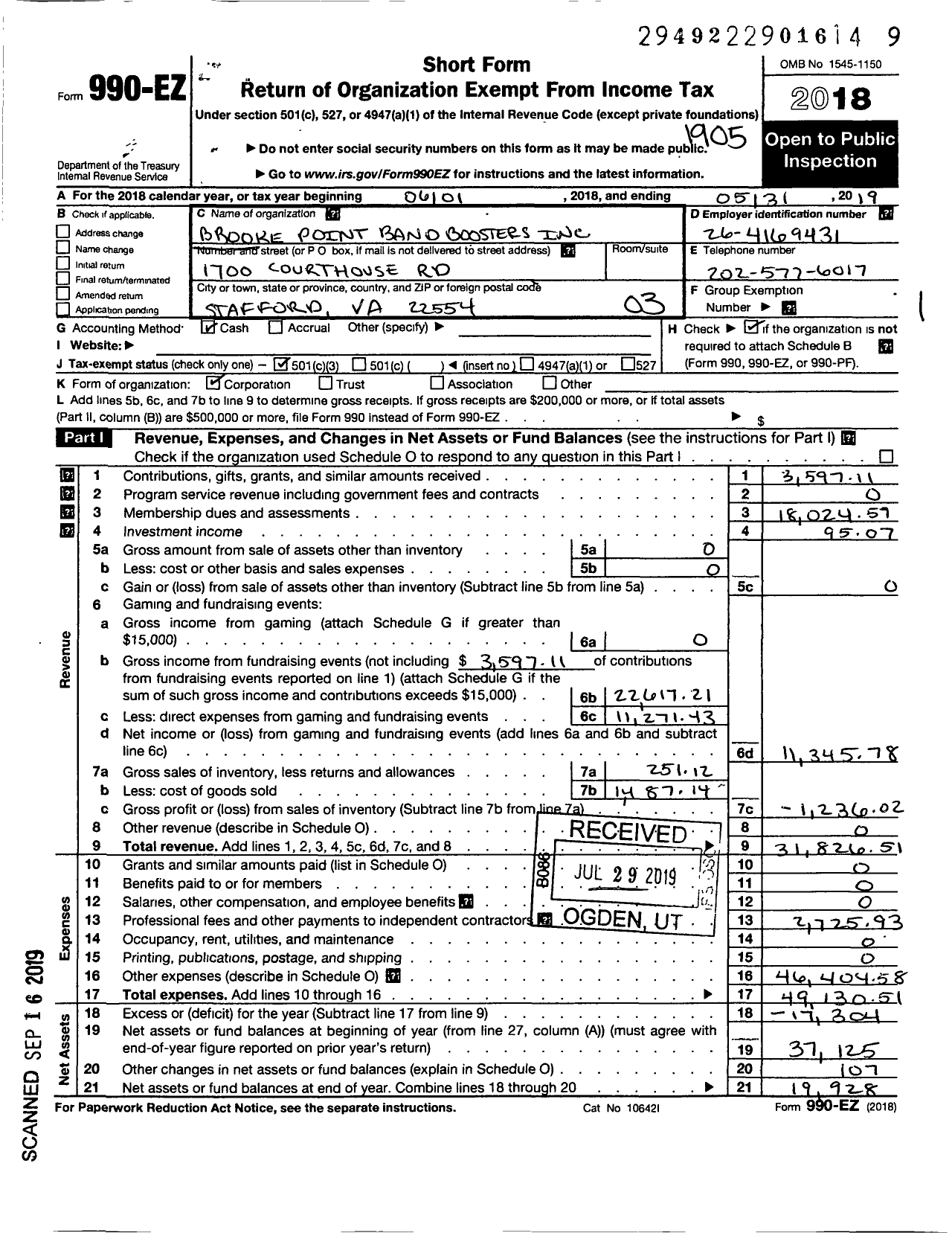 Image of first page of 2018 Form 990EZ for Brooke Point Band Boosters Incorporated