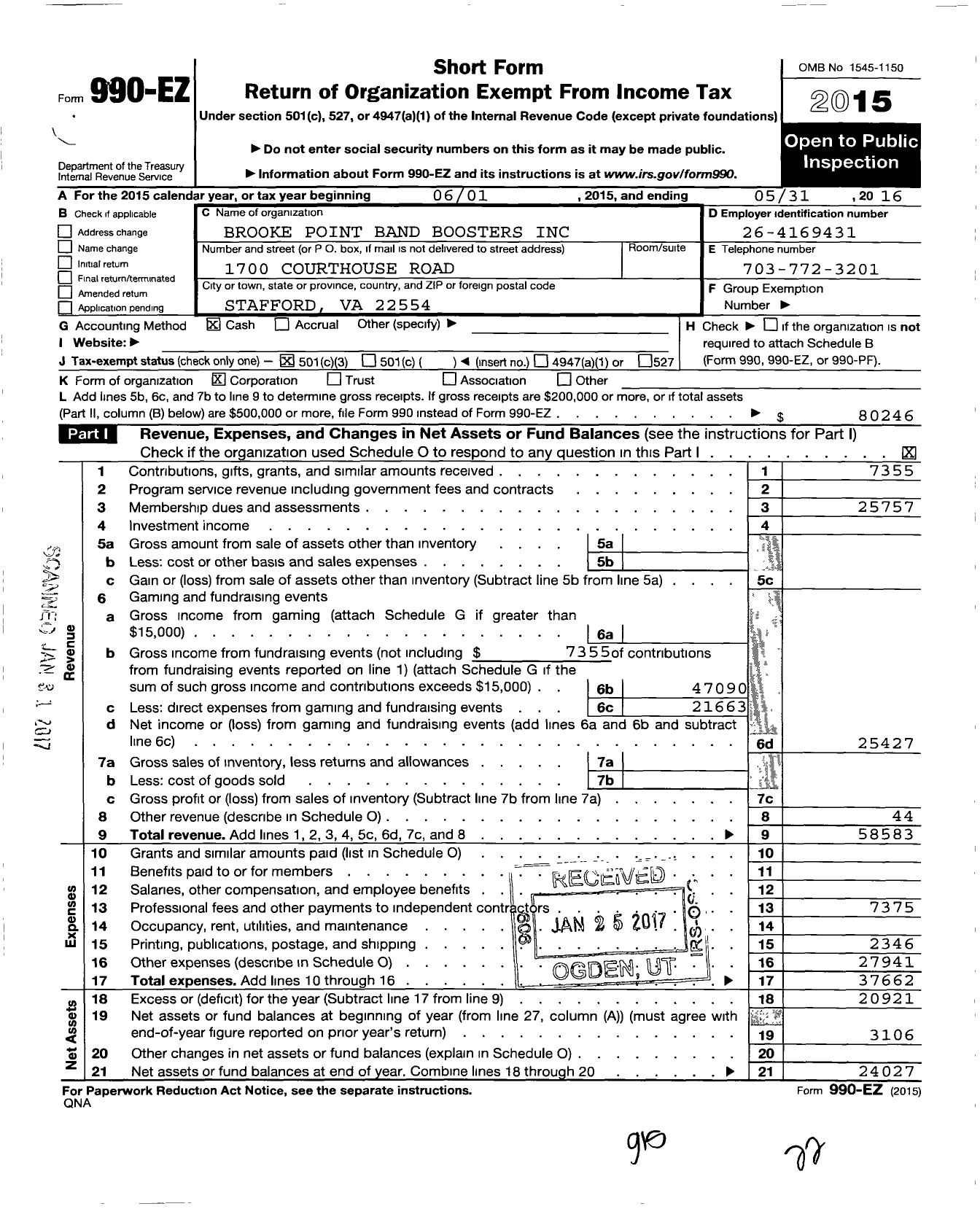 Image of first page of 2015 Form 990EZ for Brooke Point Band Boosters Incorporated