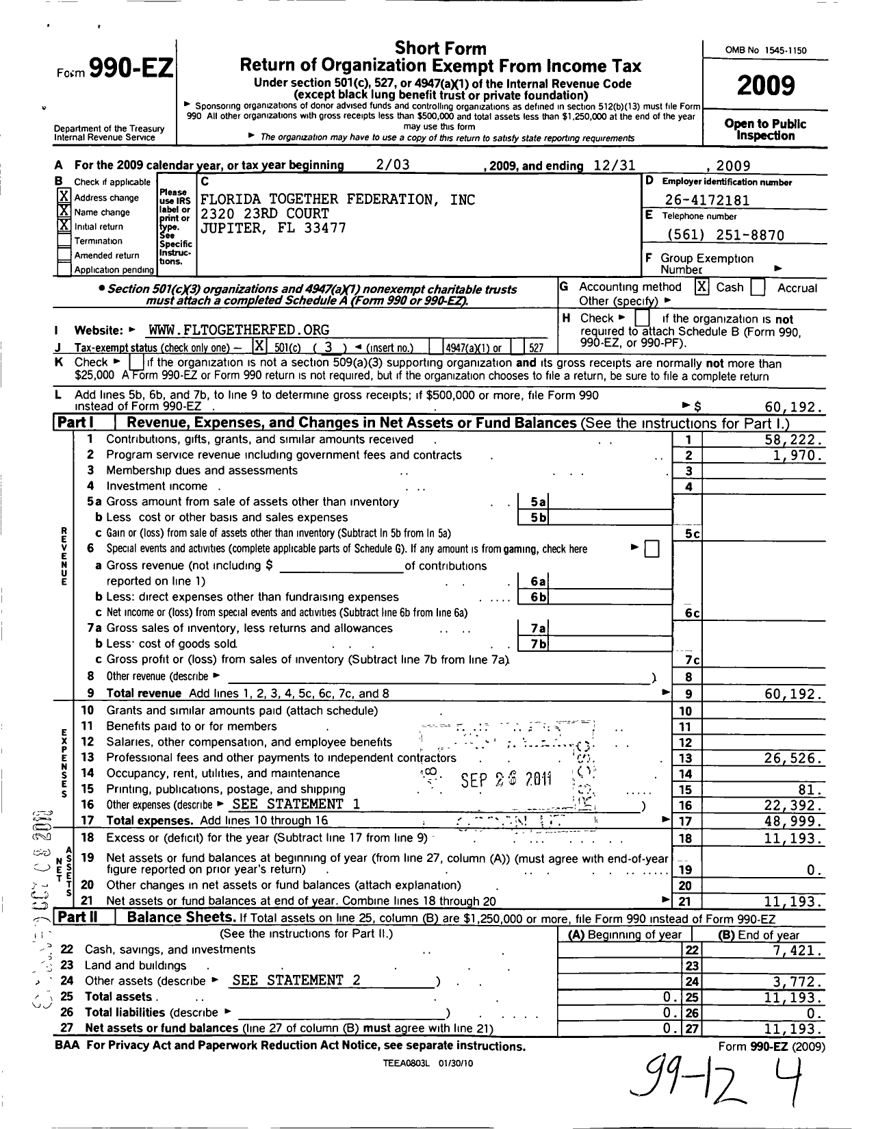 Image of first page of 2009 Form 990EZ for Florida Together Federation