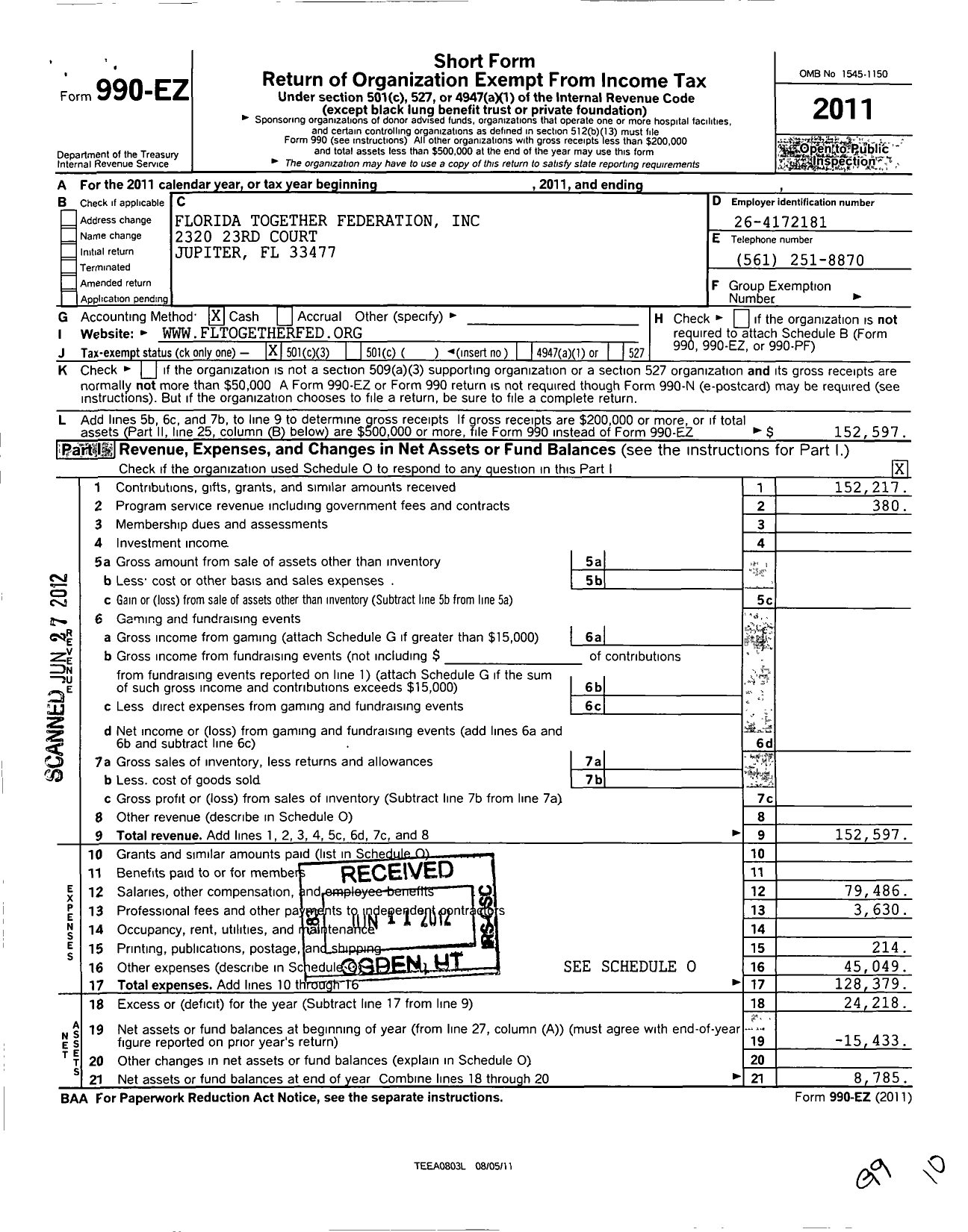 Image of first page of 2011 Form 990EZ for Florida Together Federation