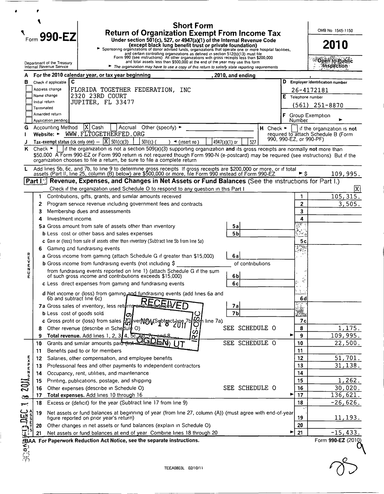 Image of first page of 2010 Form 990EZ for Florida Together Federation