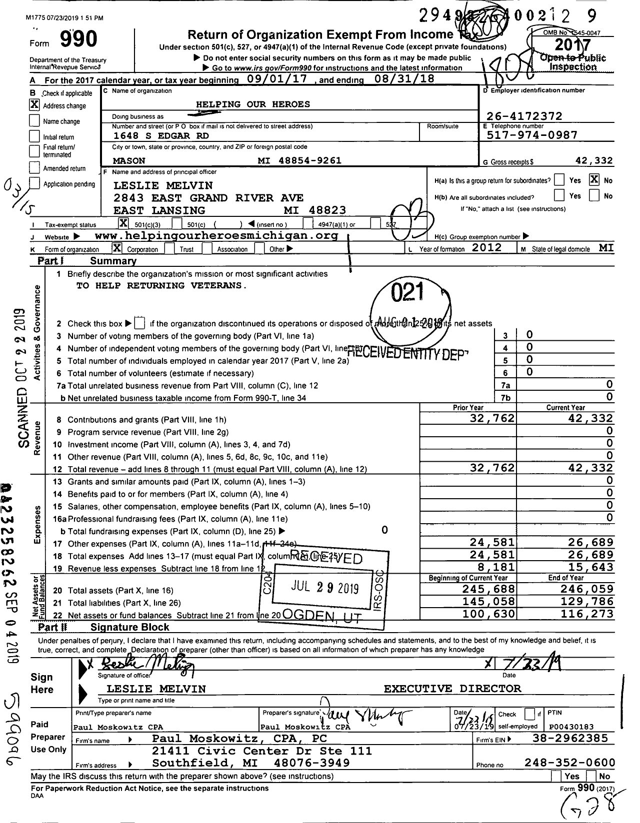 Image of first page of 2017 Form 990 for Helping Our Heroes