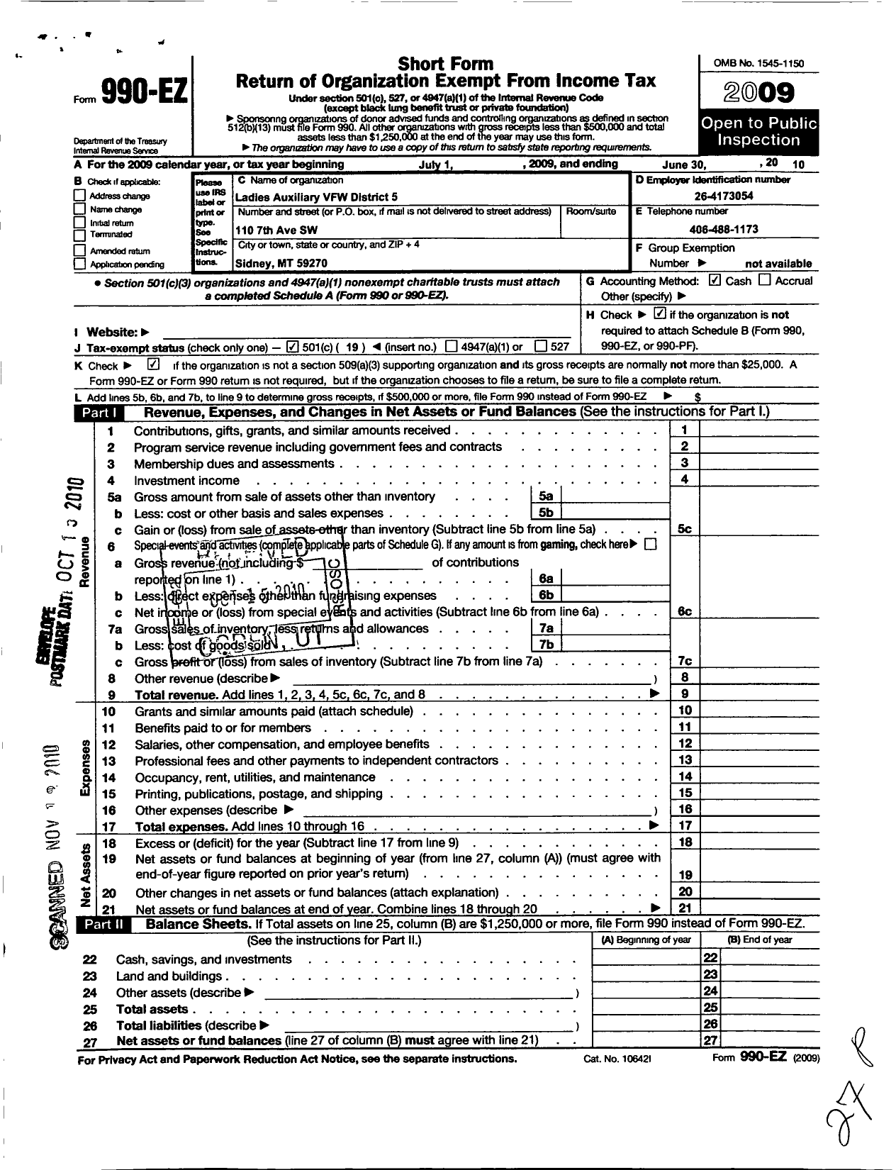 Image of first page of 2009 Form 990EO for Department of Montana Ladies Auxiliary To the VFW of the U S - District 5 Ladies Auxiliary VFW