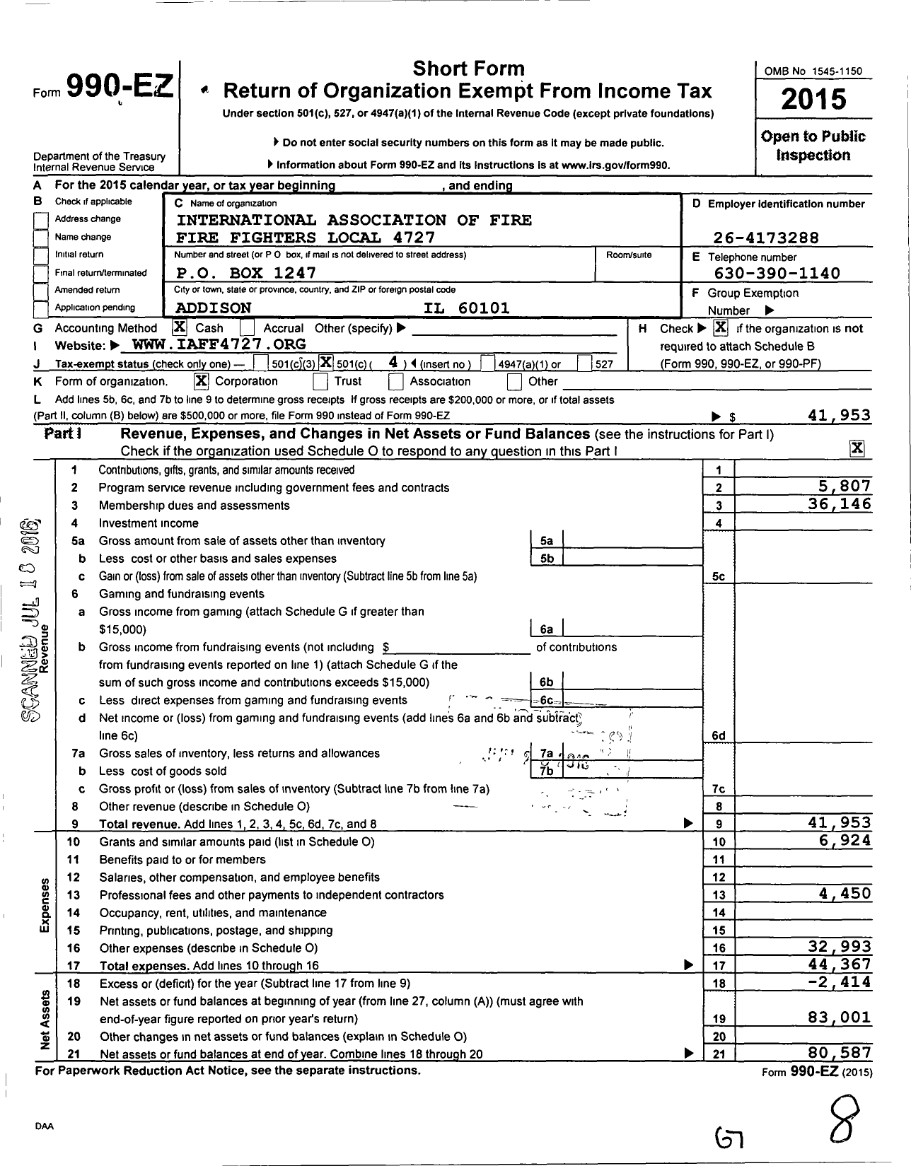 Image of first page of 2015 Form 990EO for International Association of Fire Fighters Local 4727