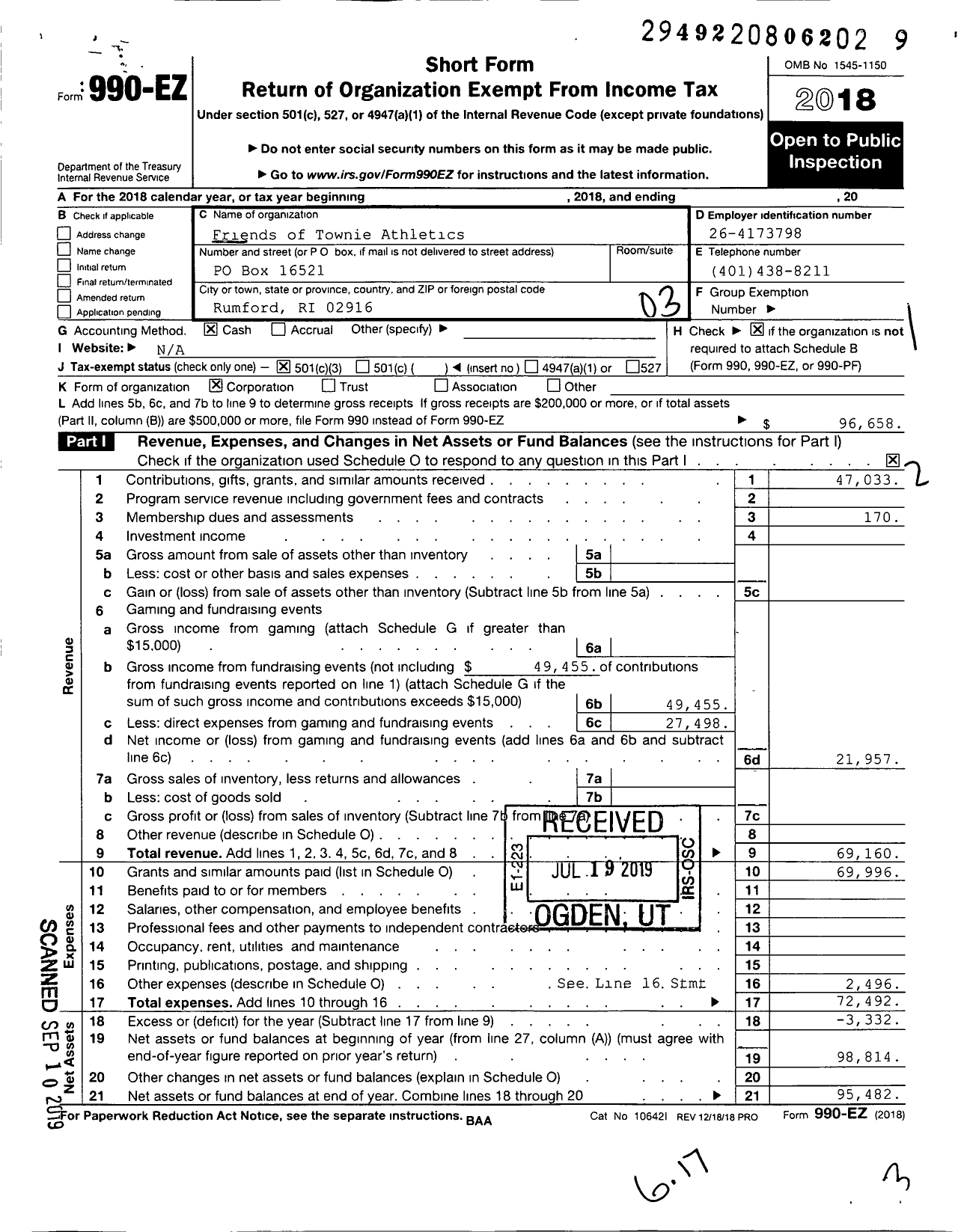 Image of first page of 2018 Form 990EZ for Friends of Townie Athletics