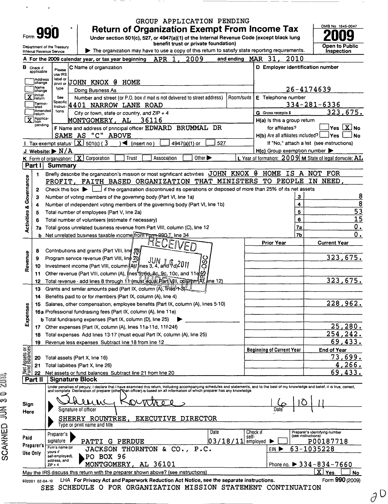 Image of first page of 2009 Form 990 for John Knox Manor / John Knox at Home