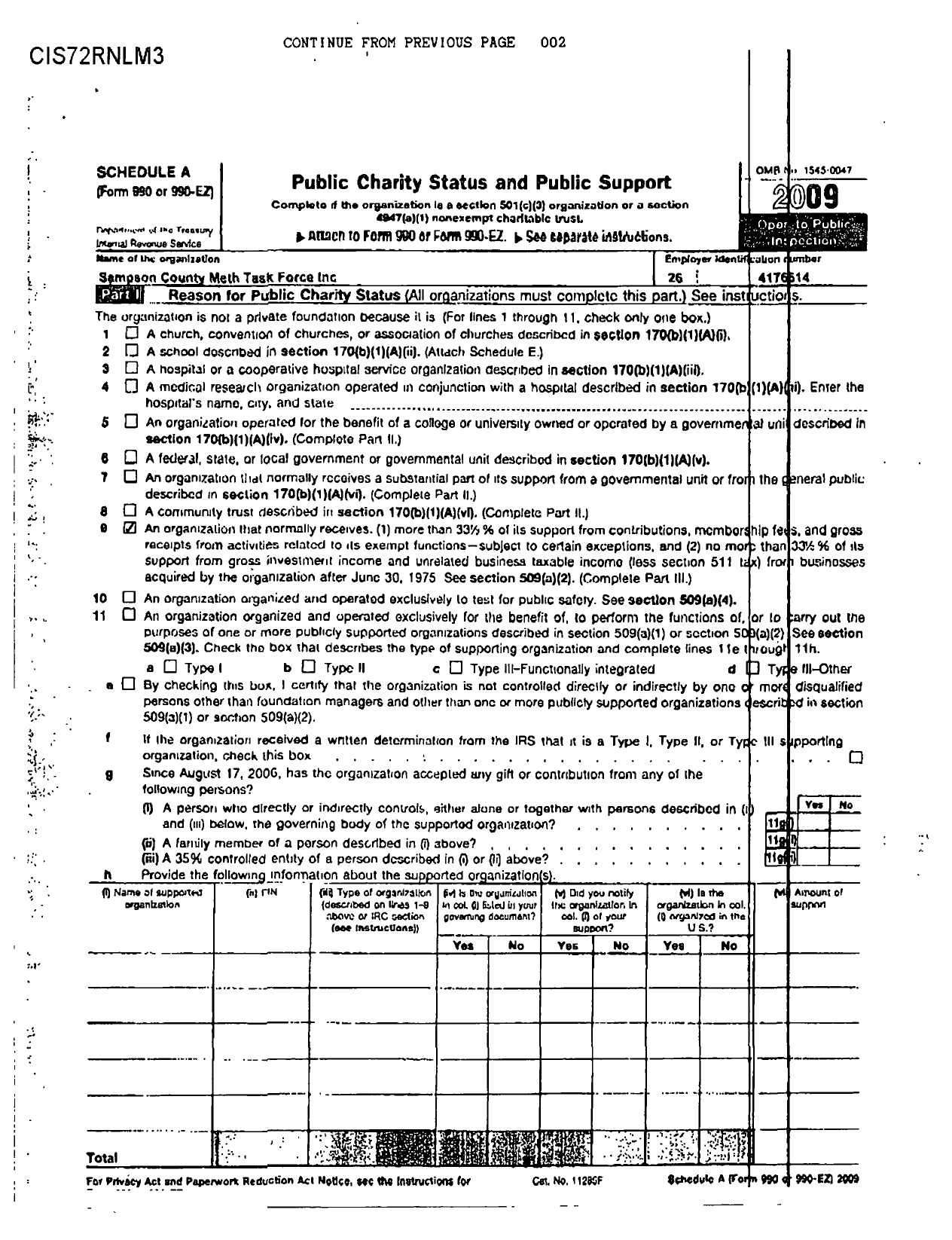 Image of first page of 2009 Form 990ER for Sampson County Meth Task Force