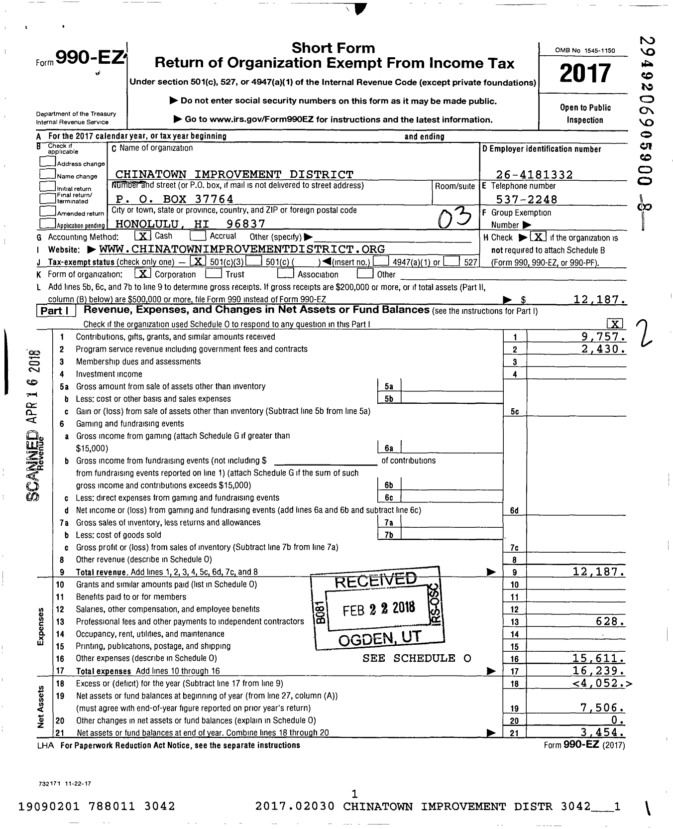 Image of first page of 2017 Form 990EZ for Chinatown Improvement District